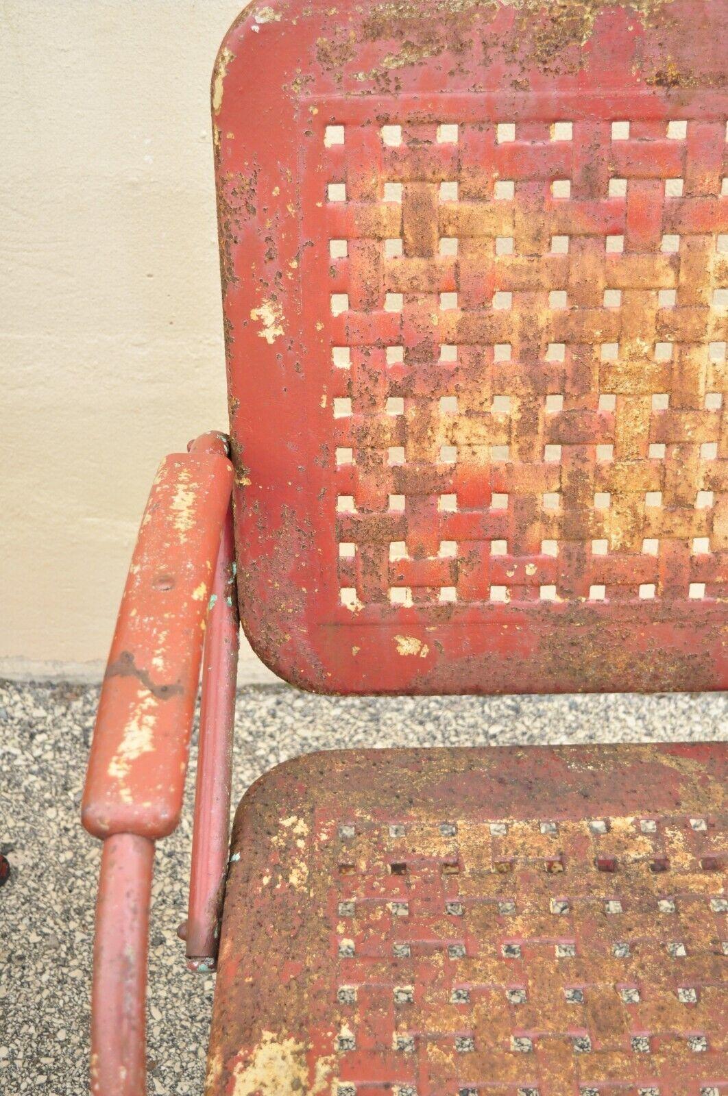 Metal Antique Art Deco Basketweave Red Distress Paint Bouncer Garden Chairs, a Pair For Sale