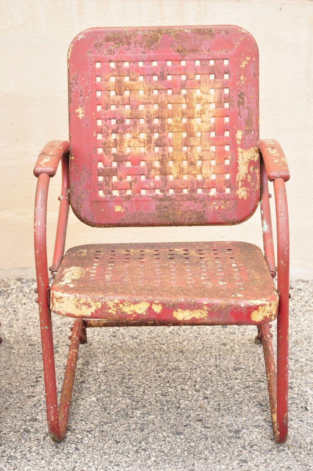Antique Art Deco Basketweave Red Distress Paint Bouncer Garden Chairs, a Pair For Sale 1