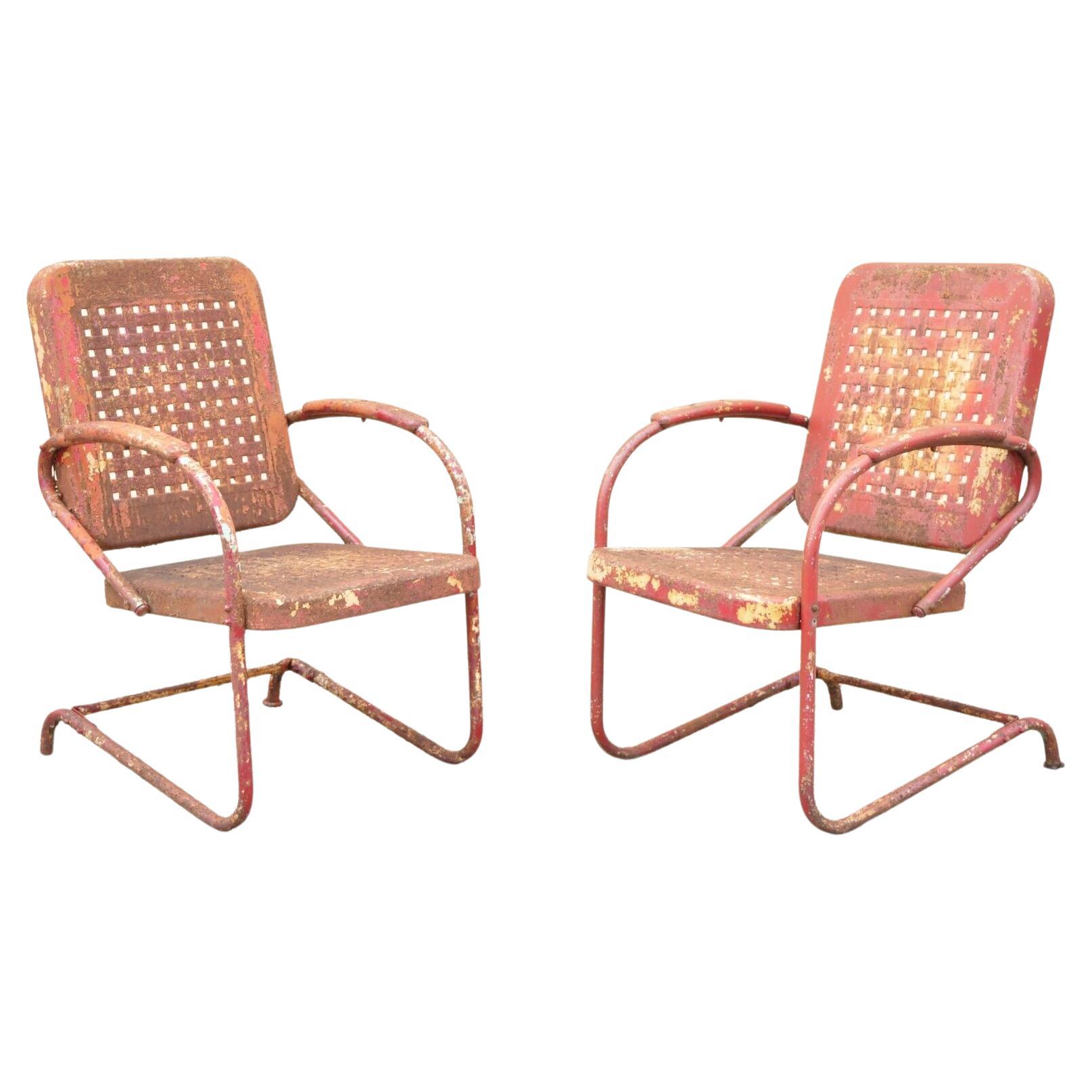 Antique Art Deco Basketweave Red Distress Paint Bouncer Garden Chairs, a Pair For Sale