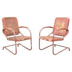 Antique Art Deco Basketweave Red Distress Paint Bouncer Garden Chairs, a Pair