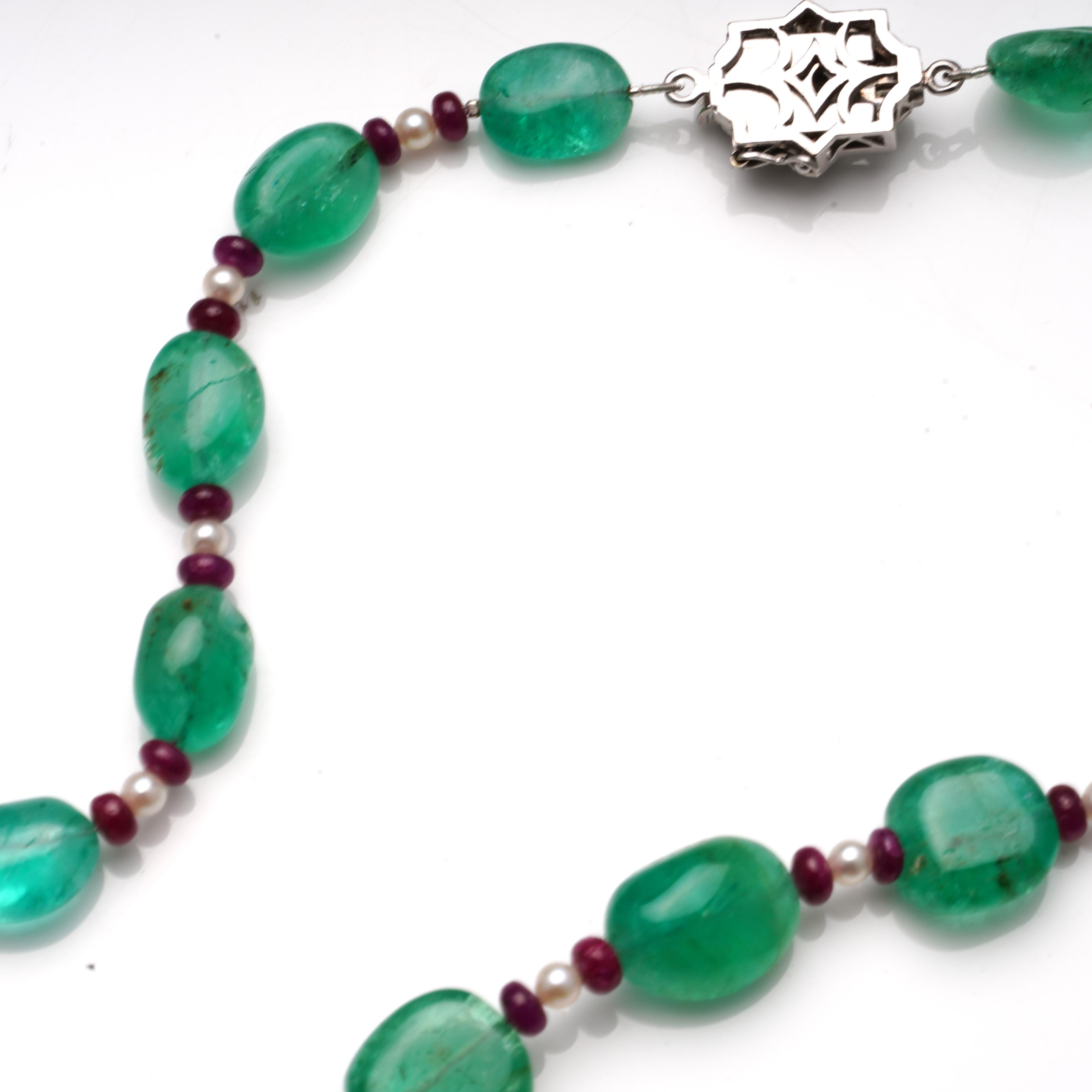 Bead Necklace with Emeralds, Rubellites and Seed Pearls. For Sale 2