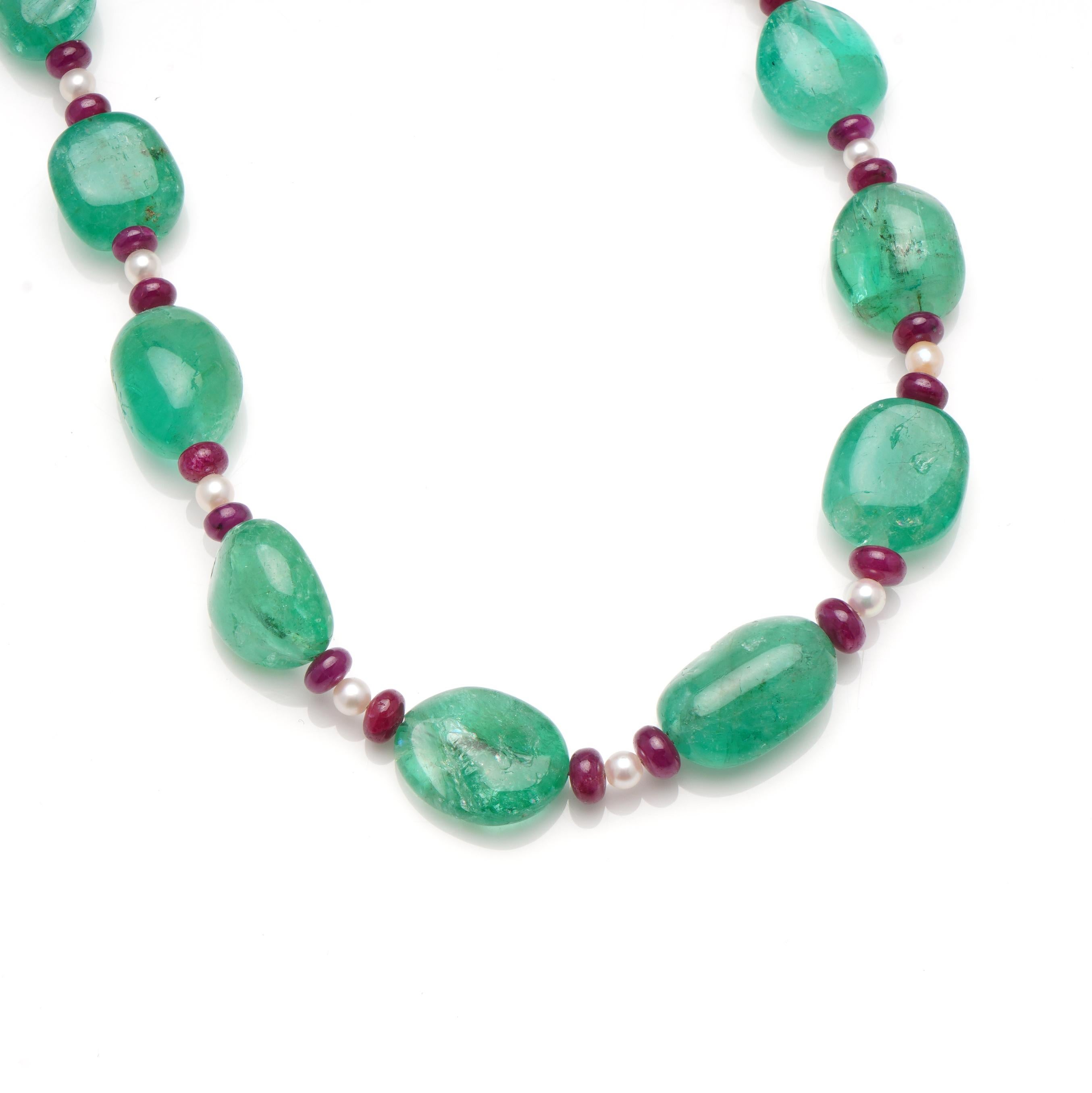 Art Deco Bead Necklace with Emeralds, Rubellites and Seed Pearls. For Sale