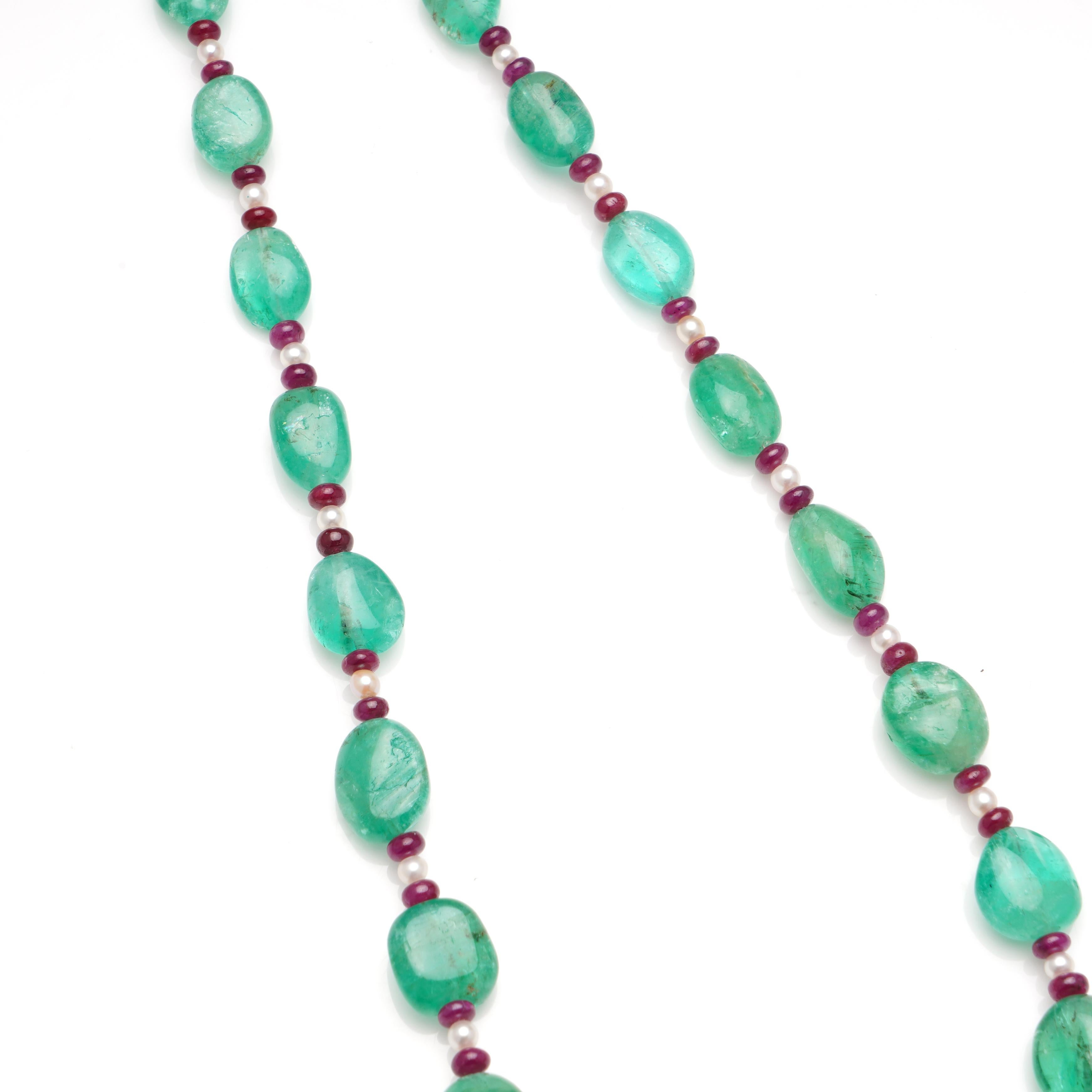 Emerald Cut Bead Necklace with Emeralds, Rubellites and Seed Pearls. For Sale