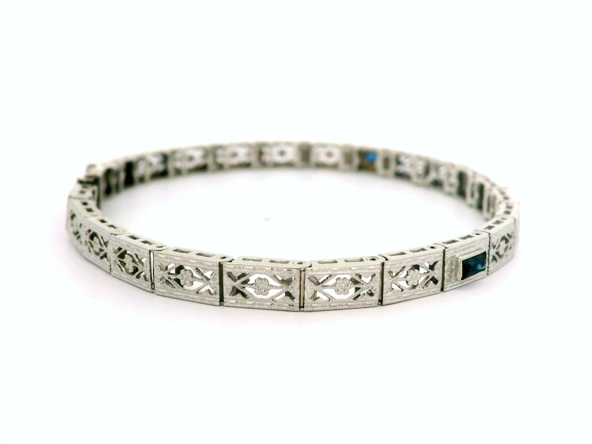Old European Cut Antique Art Deco Belais 10k White Gold Diamond Line Filigree Open Work Bracelet