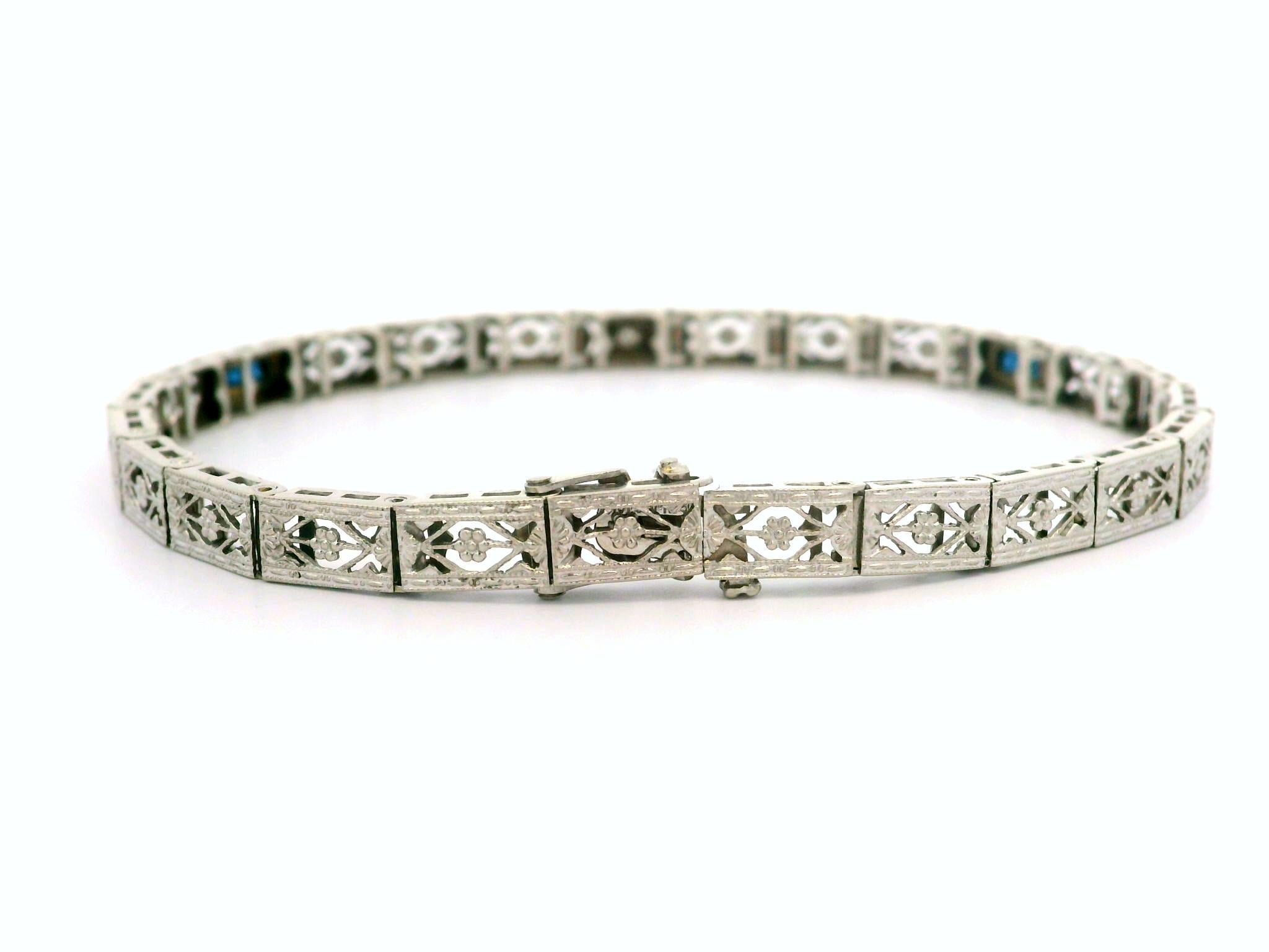 Antique Art Deco Belais 10k White Gold Diamond Line Filigree Open Work Bracelet In Excellent Condition In Montclair, NJ
