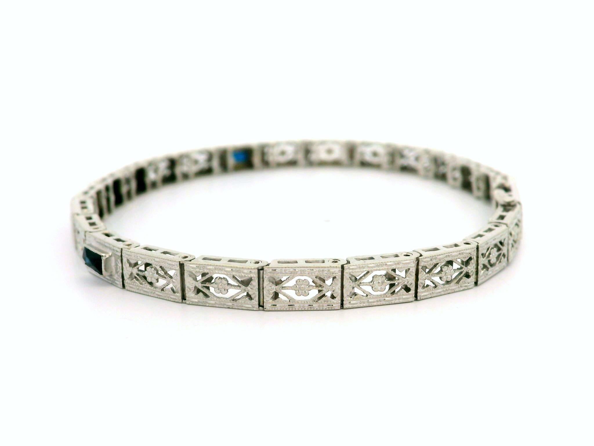Women's Antique Art Deco Belais 10k White Gold Diamond Line Filigree Open Work Bracelet