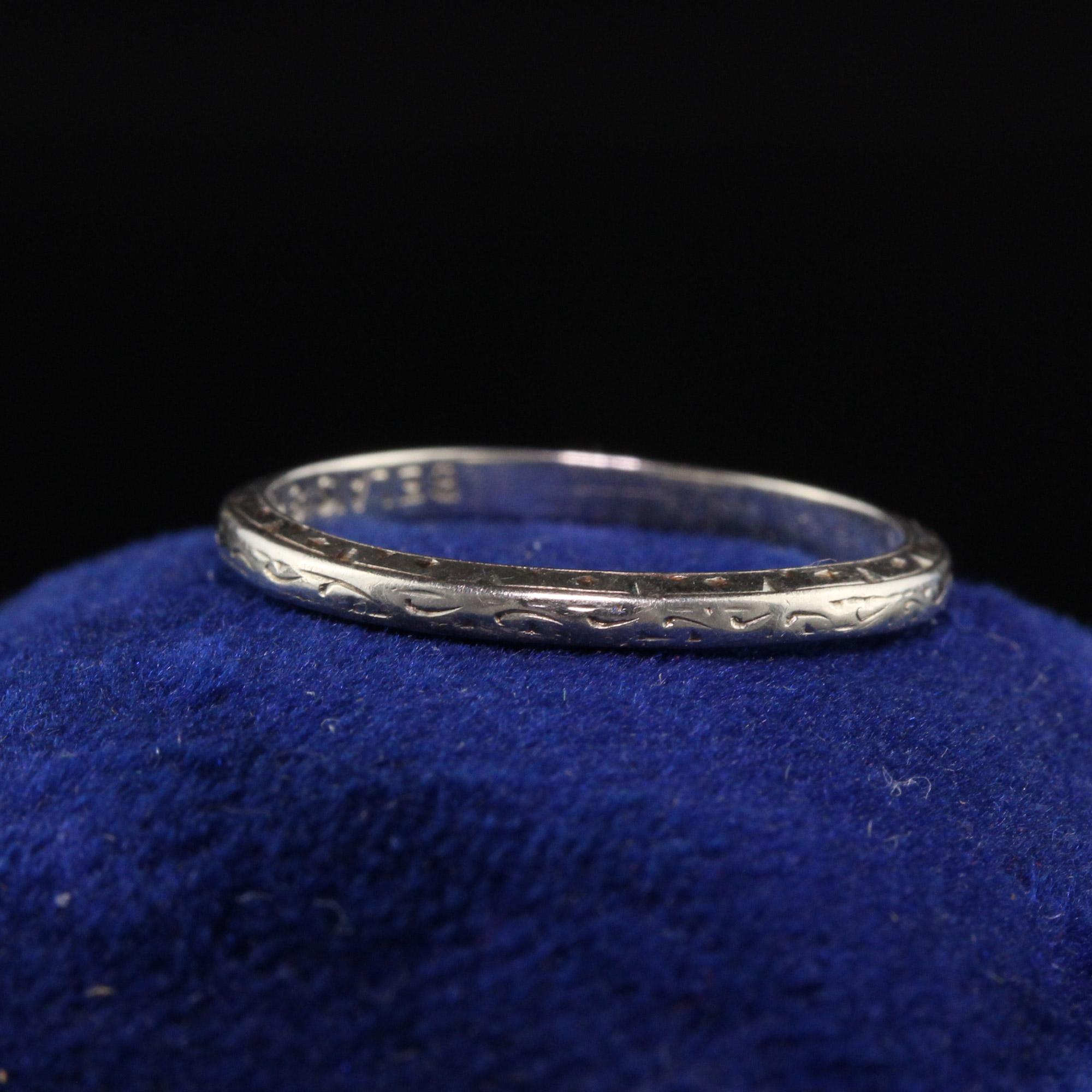 Beautiful Antique Art Deco Belais 18K White Gold Engraved Wedding Band. This gorgeous wedding band is crafted 18k white gold. The ring is engraved all around and is stamped 18k Belais inside the band.

Item #R1338

Metal: 18K White Gold

Weight: 1.5