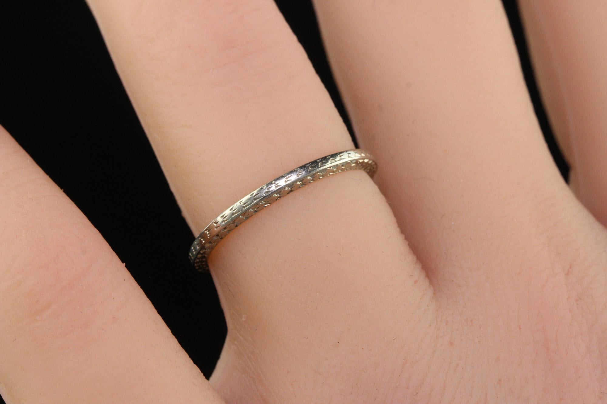 Antique Art Deco Belais 18K White Gold Engraved Wedding Band - Size 6 1/2 For Sale 7