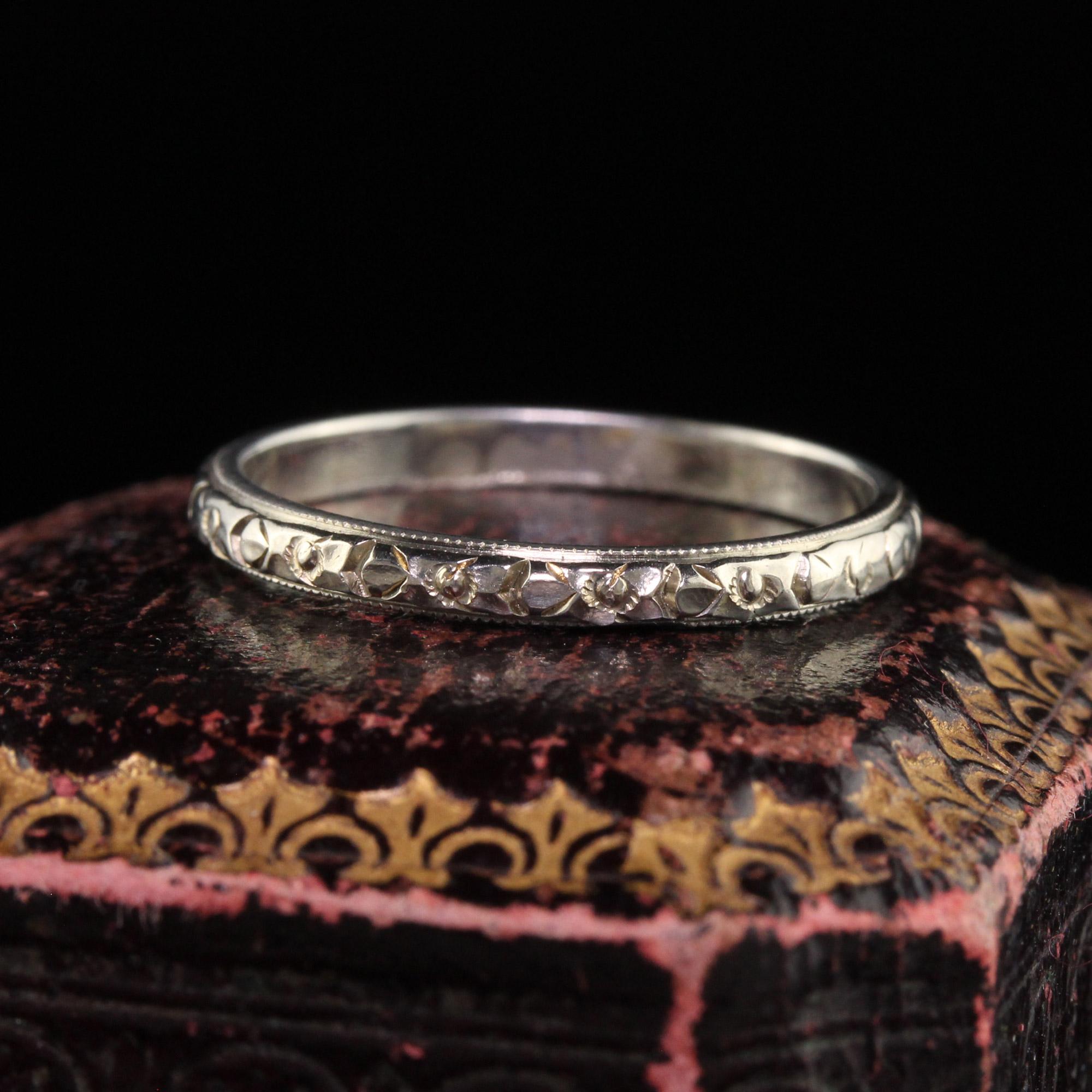Beautiful Antique Art Deco Belais 18K White Gold Engraved Wedding Band - Size 6 1/2. This beautiful wedding band is crafted in 18k white gold. There are engravings going around the entire ring and it is in great condition. The ring can be stacked
