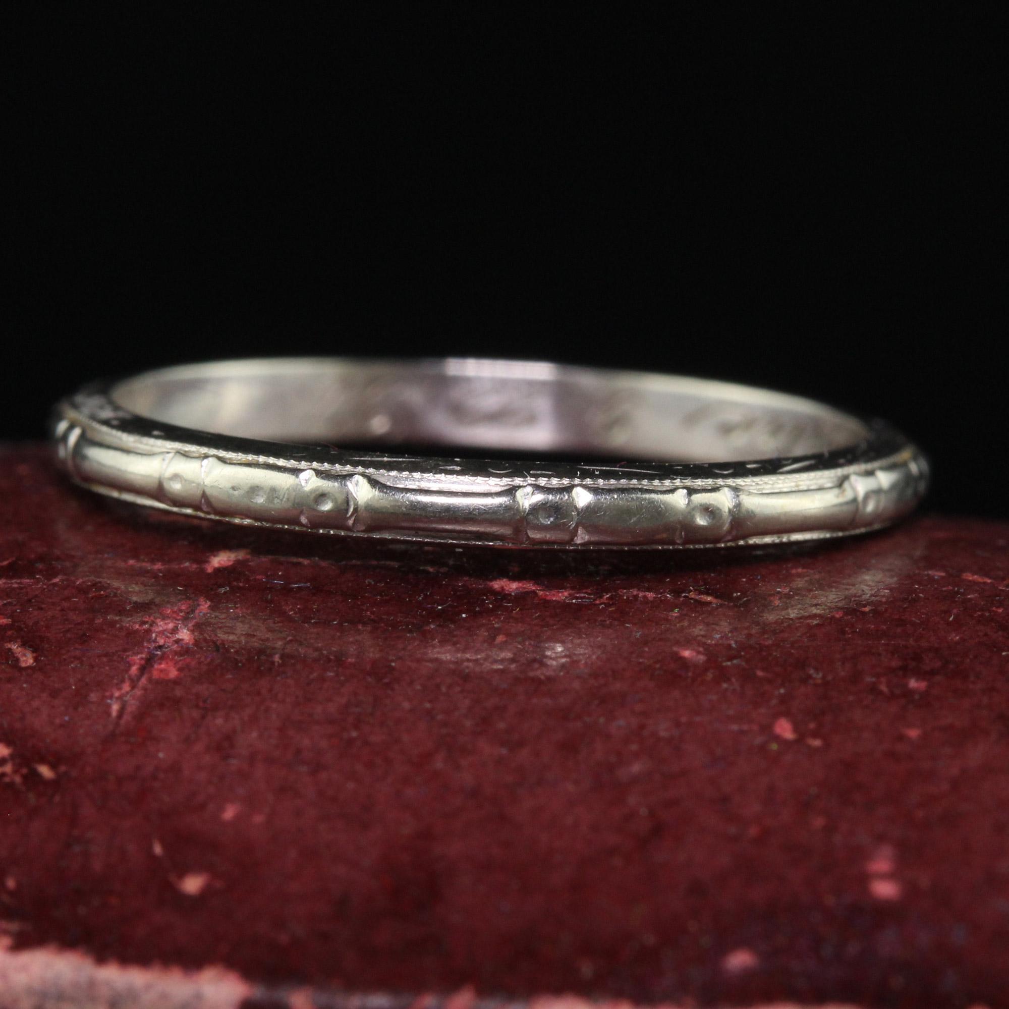 Beautiful Antique Art Deco Belais 18K White Gold Engraved Wedding Band - Size 6 1/22. This gorgeous wedding band is crafted in 18k white gold. The band has patterned engravings going around the entire ring and are still visible. The ring is engraved