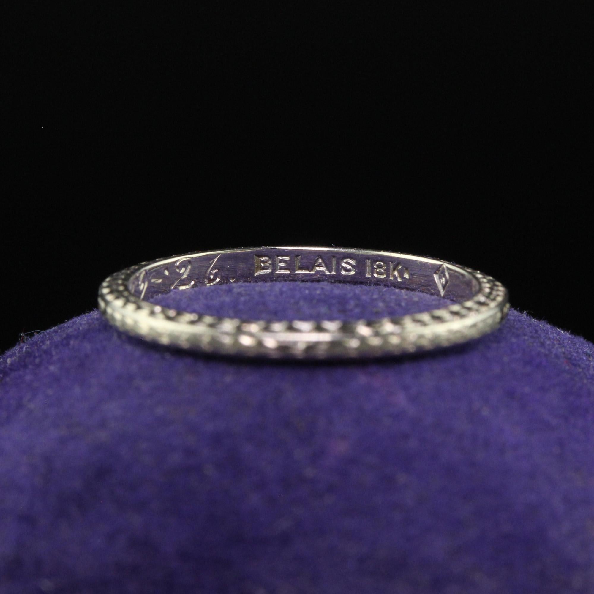 Women's Antique Art Deco Belais 18K White Gold Engraved Wedding Band - Size 6 1/2 For Sale