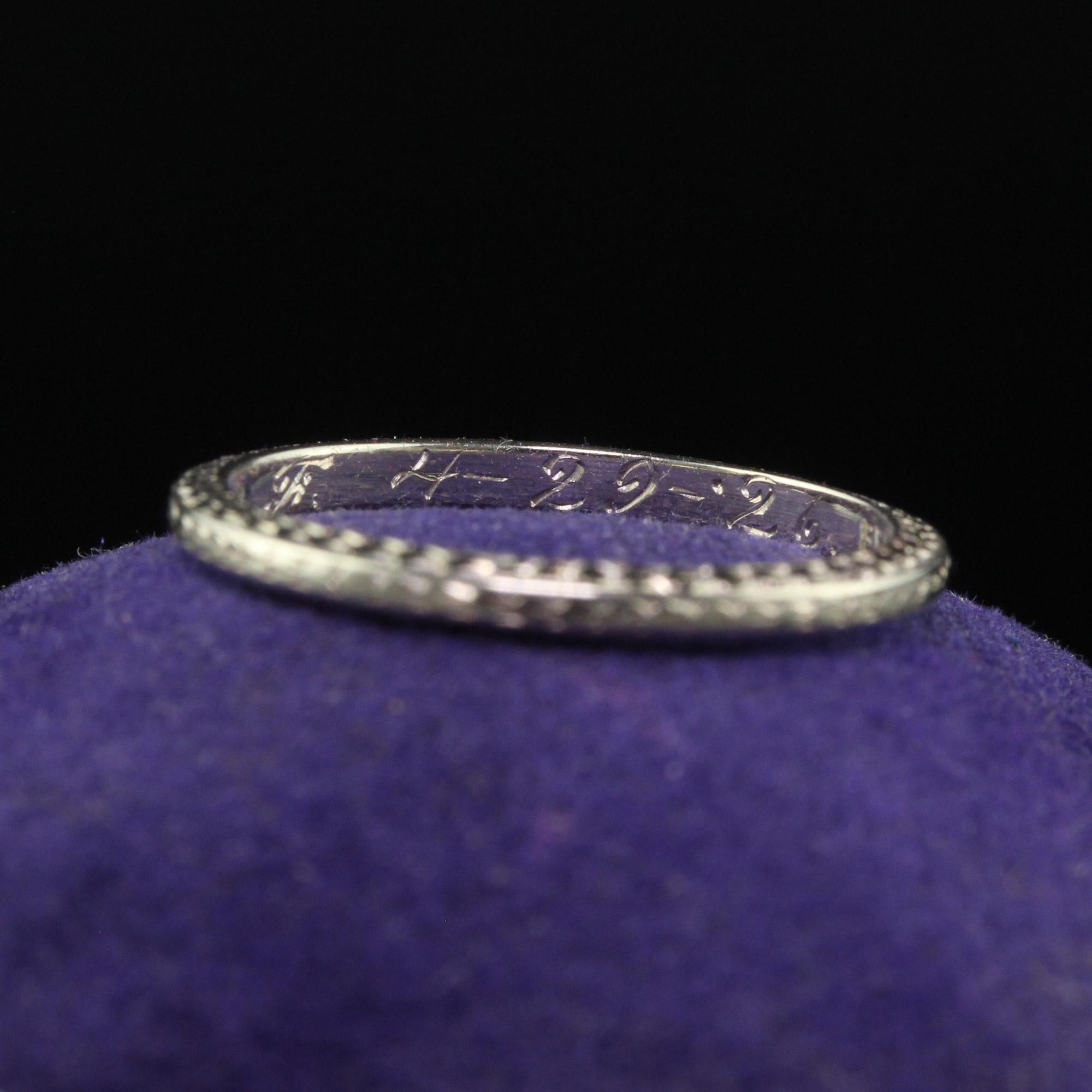 Antique Art Deco Belais 18K White Gold Engraved Wedding Band - Size 6 1/2 For Sale 1