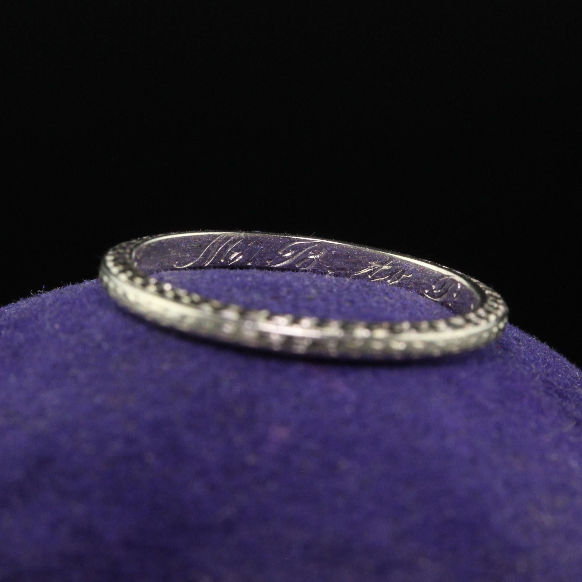 Antique Art Deco Belais 18K White Gold Engraved Wedding Band - Size 6 1/2 For Sale 2