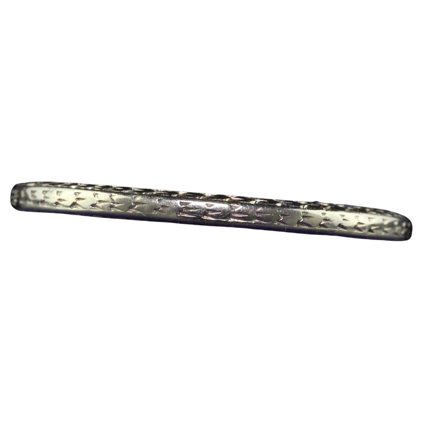 Antique Art Deco Belais 18K White Gold Engraved Wedding Band - Size 6 1/2