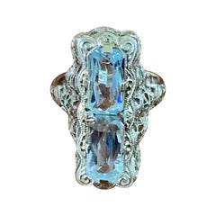 Antique Art Deco Belais Aquamarine Filigree 14 Karat White Gold Ring