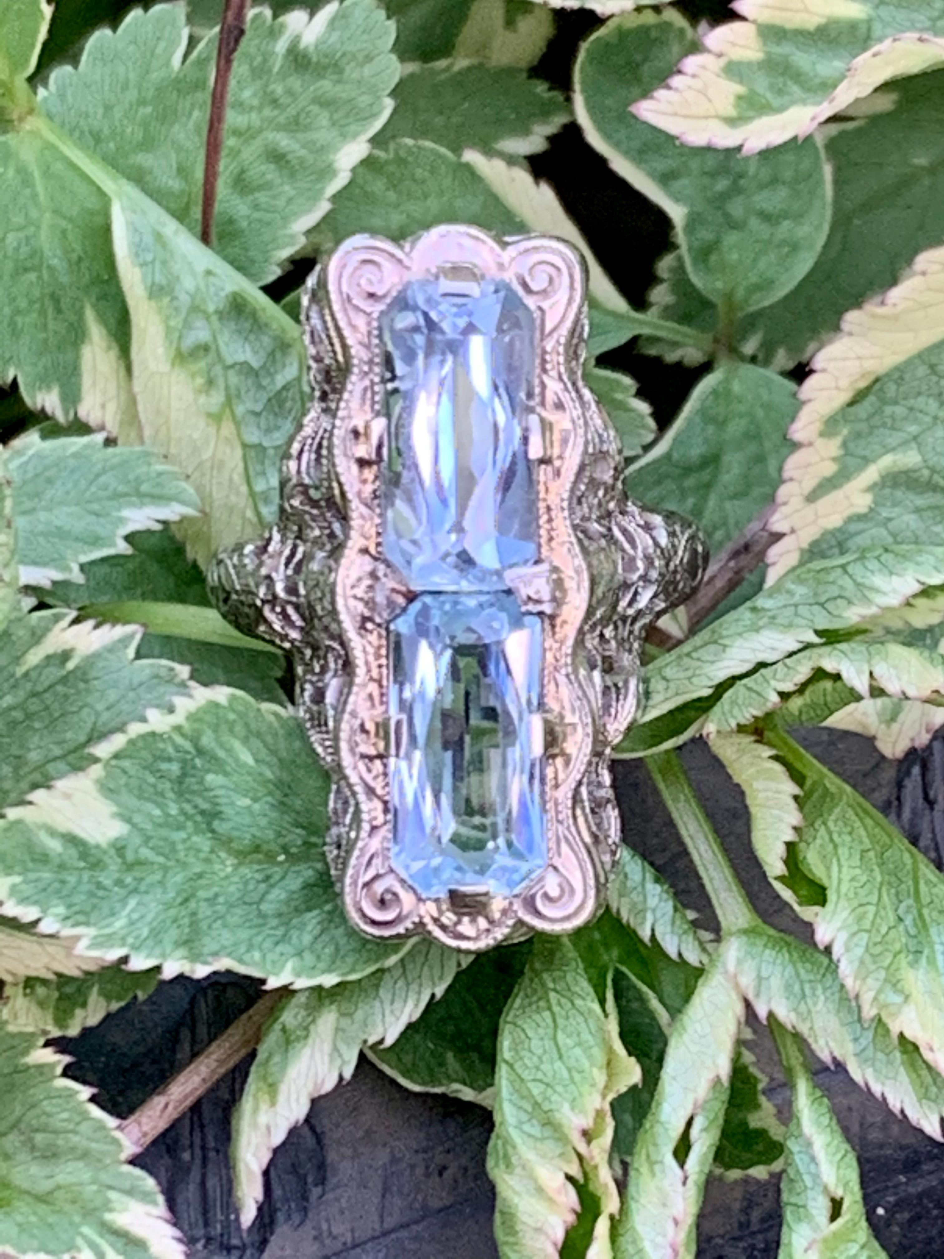 Emerald Cut Antique Art Deco Belais Aquamarine Filigree 14 Karat White Gold Ring For Sale