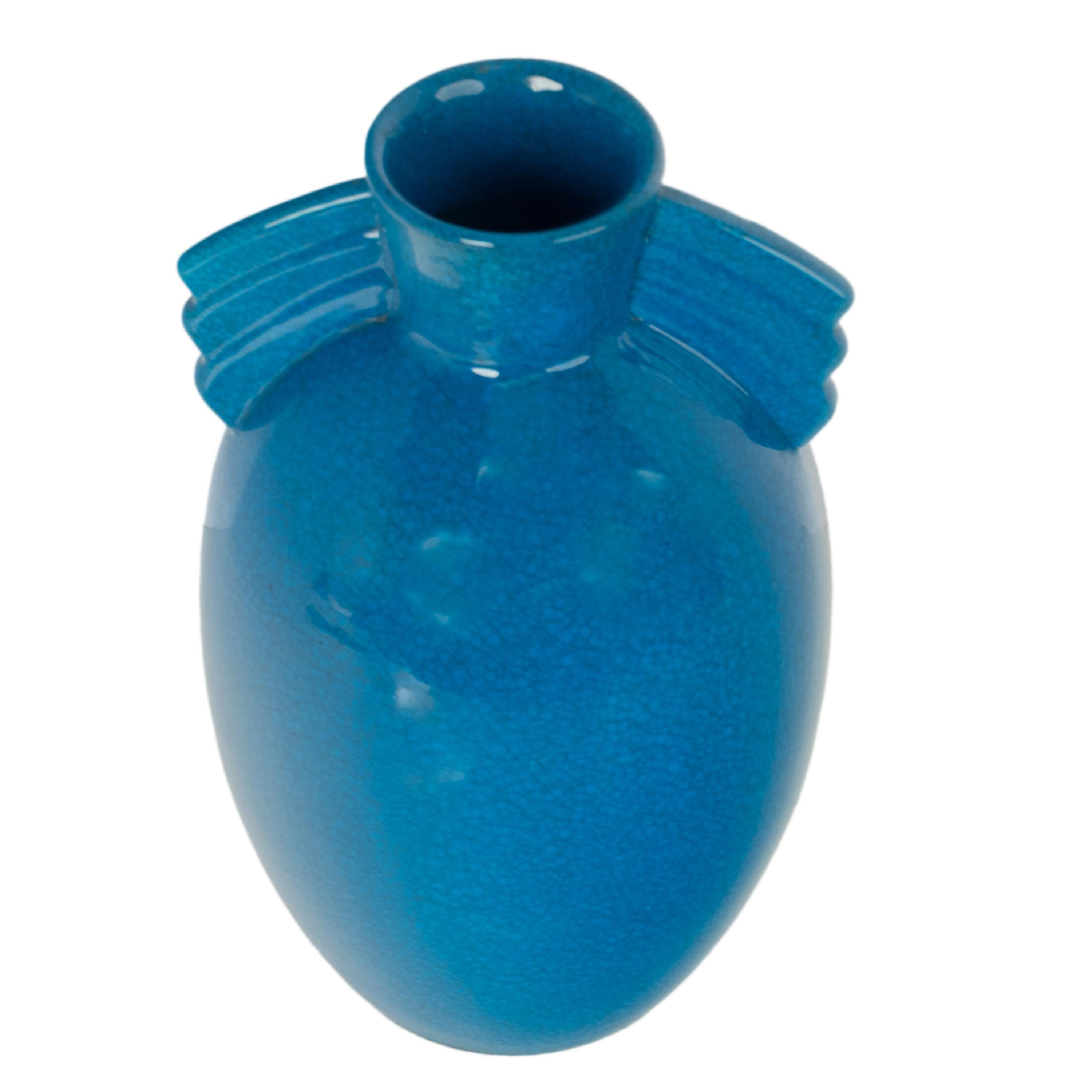 Antico vaso in ceramica belga Art Deco Geometrico smaltato blu di Royal Crown 1925 2