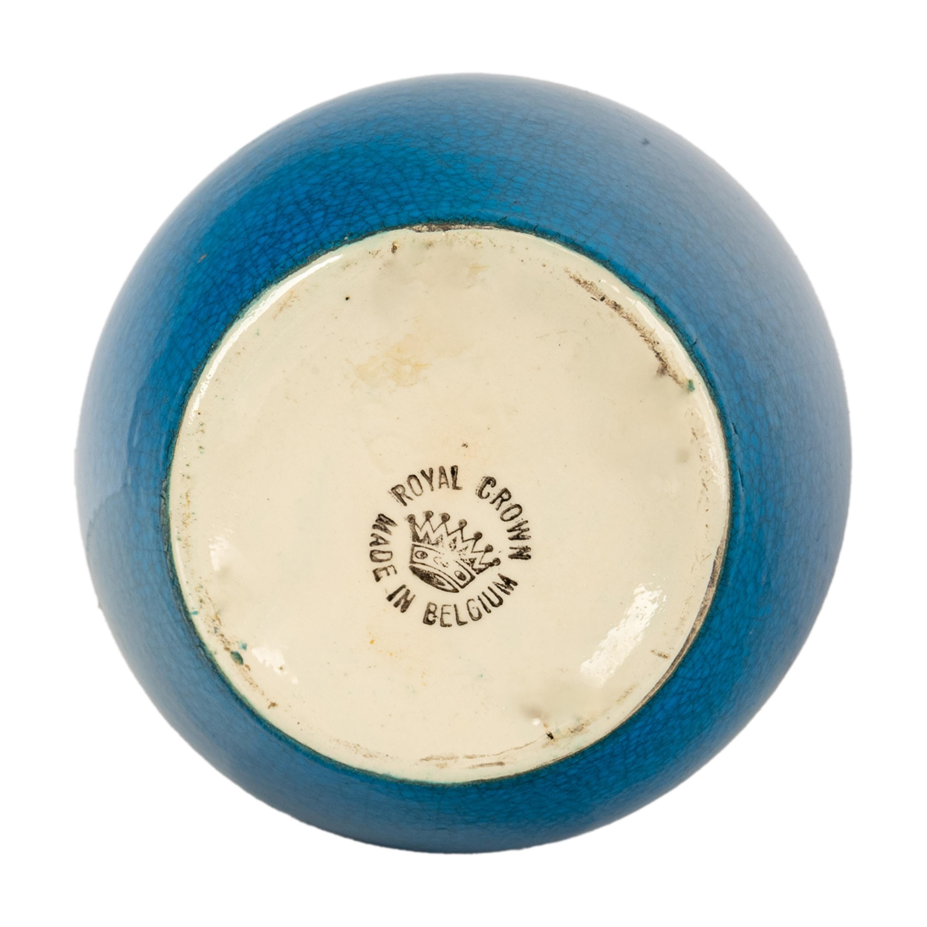 Antico vaso in ceramica belga Art Deco Geometrico smaltato blu di Royal Crown 1925 3
