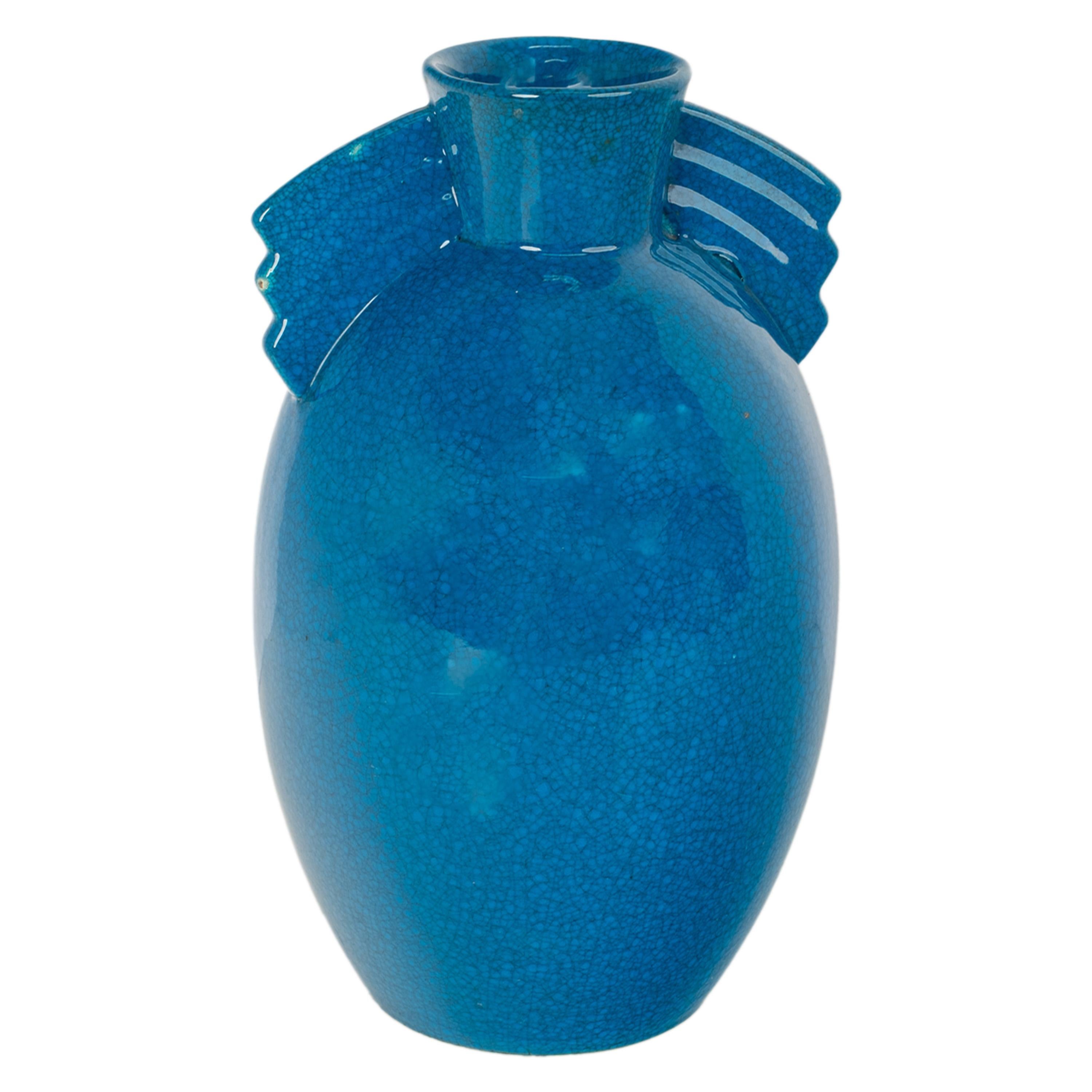 Smaltato Antico vaso in ceramica belga Art Deco Geometrico smaltato blu di Royal Crown 1925