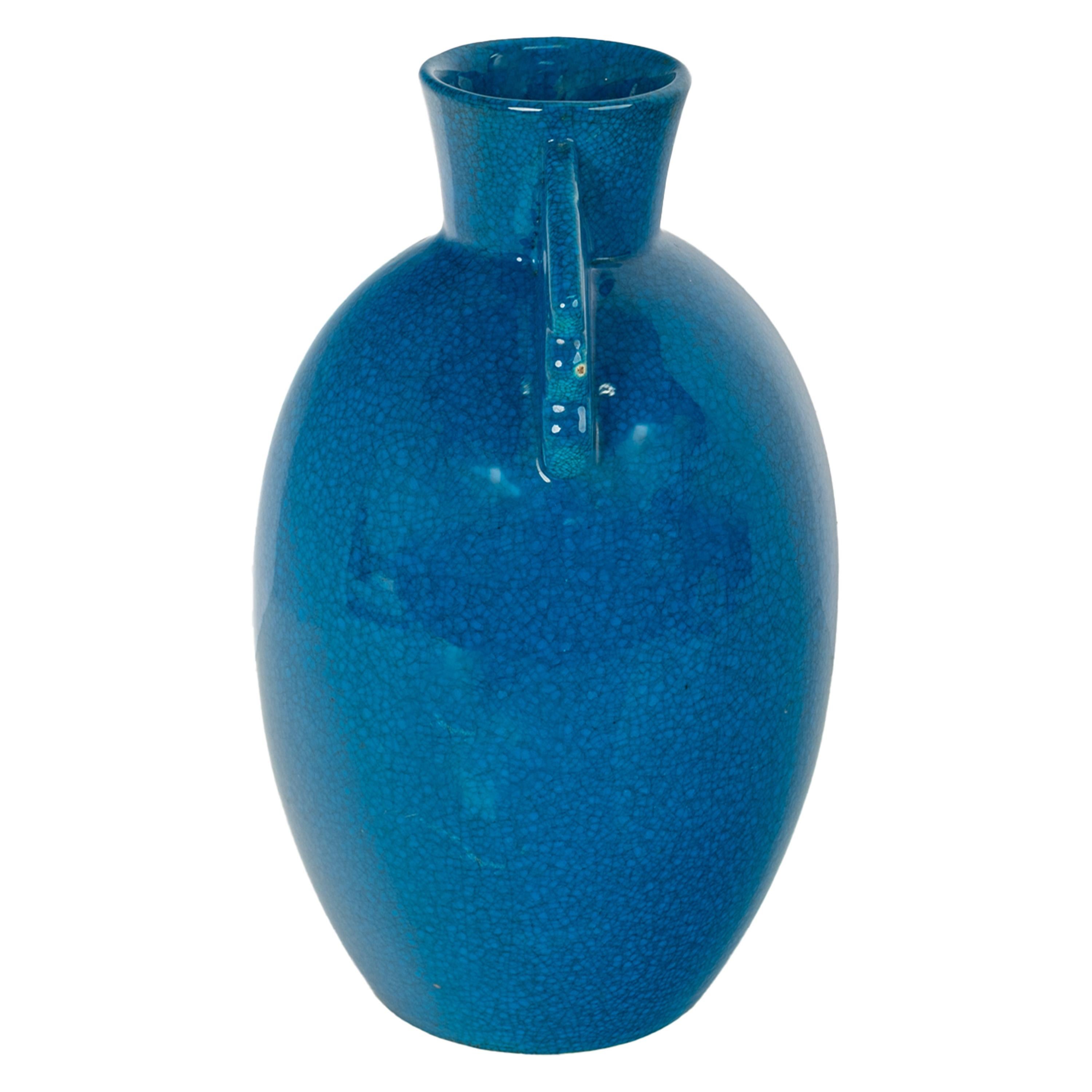 Antico vaso in ceramica belga Art Deco Geometrico smaltato blu di Royal Crown 1925 In condizioni buone a Portland, OR