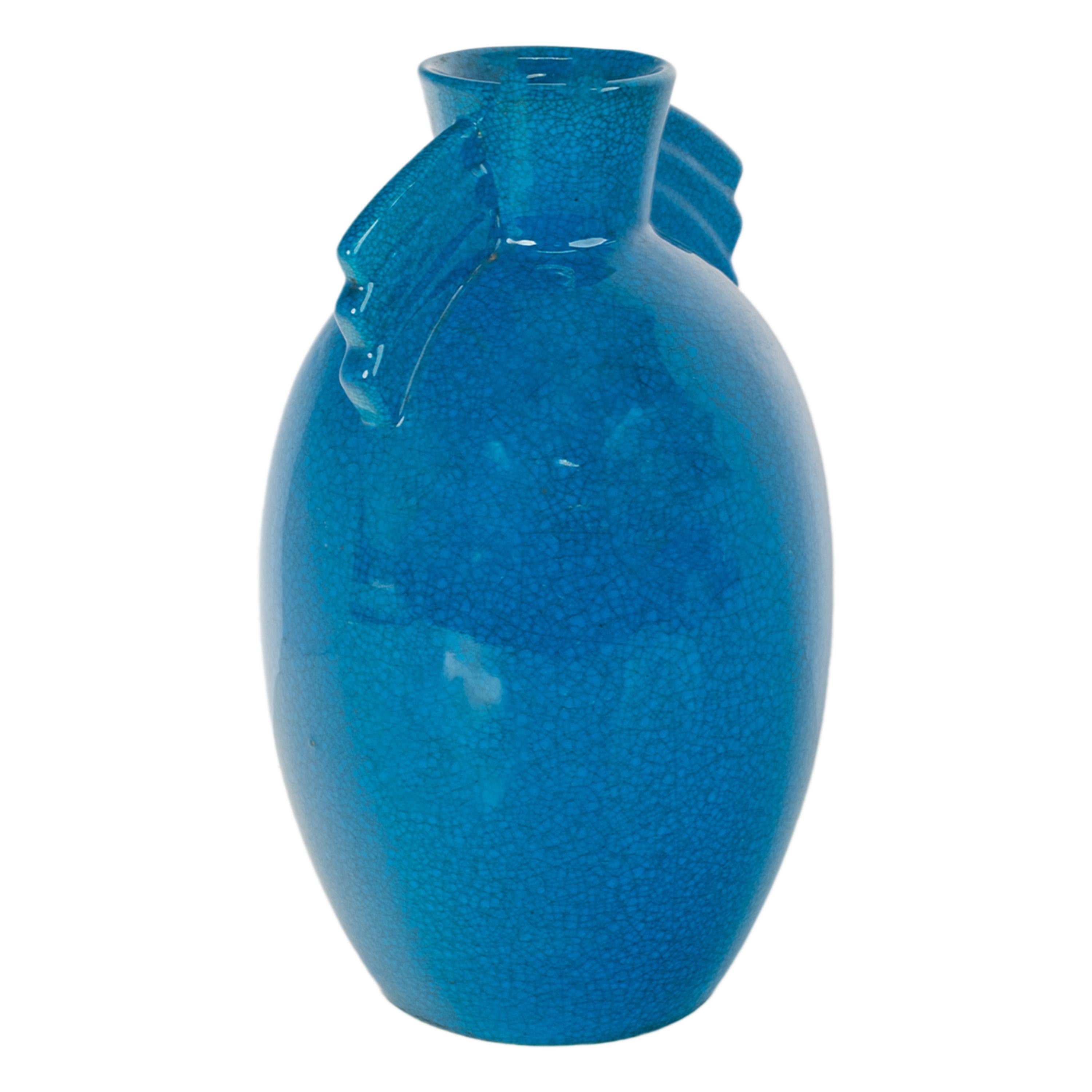 Inizio XX secolo Antico vaso in ceramica belga Art Deco Geometrico smaltato blu di Royal Crown 1925
