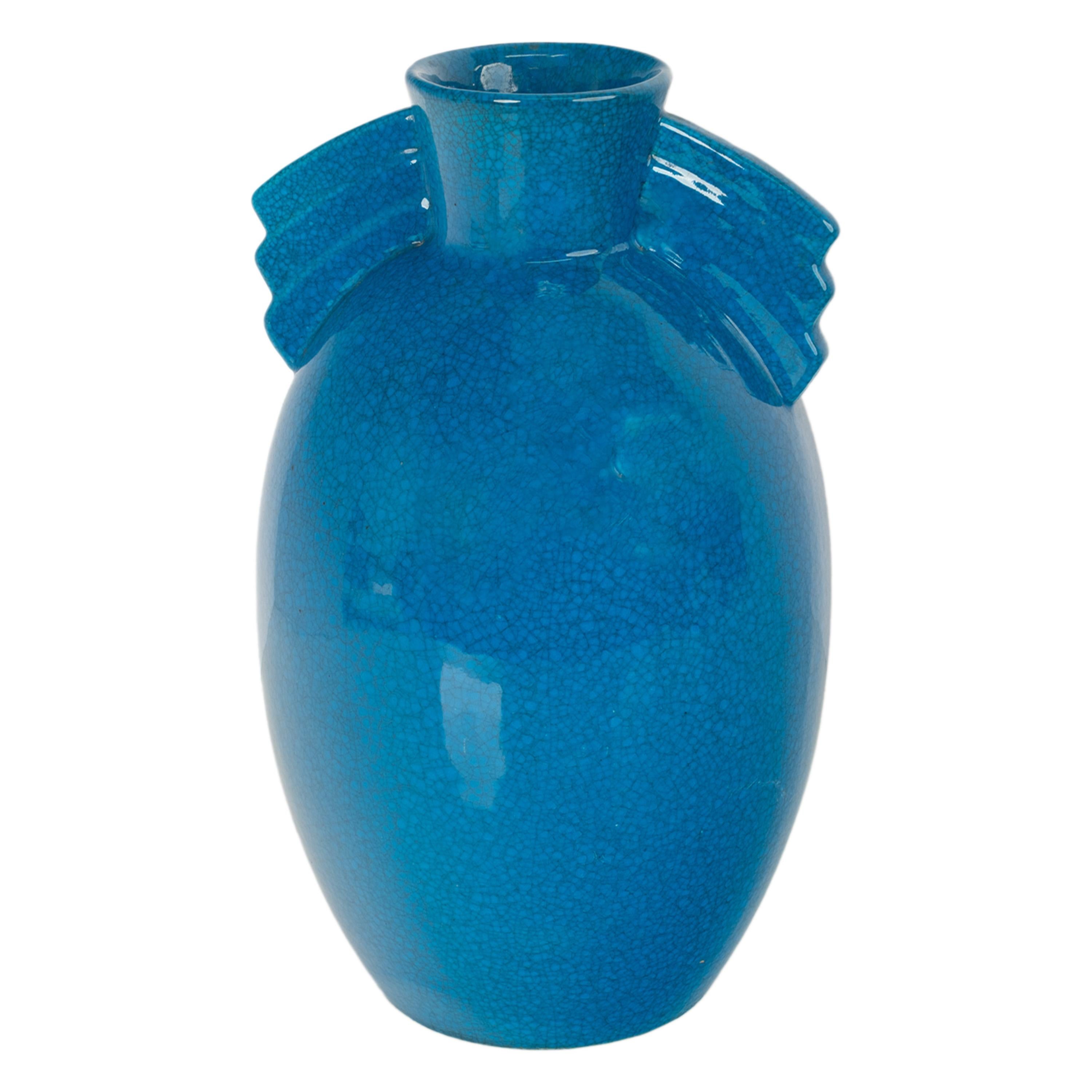Terracotta Antico vaso in ceramica belga Art Deco Geometrico smaltato blu di Royal Crown 1925