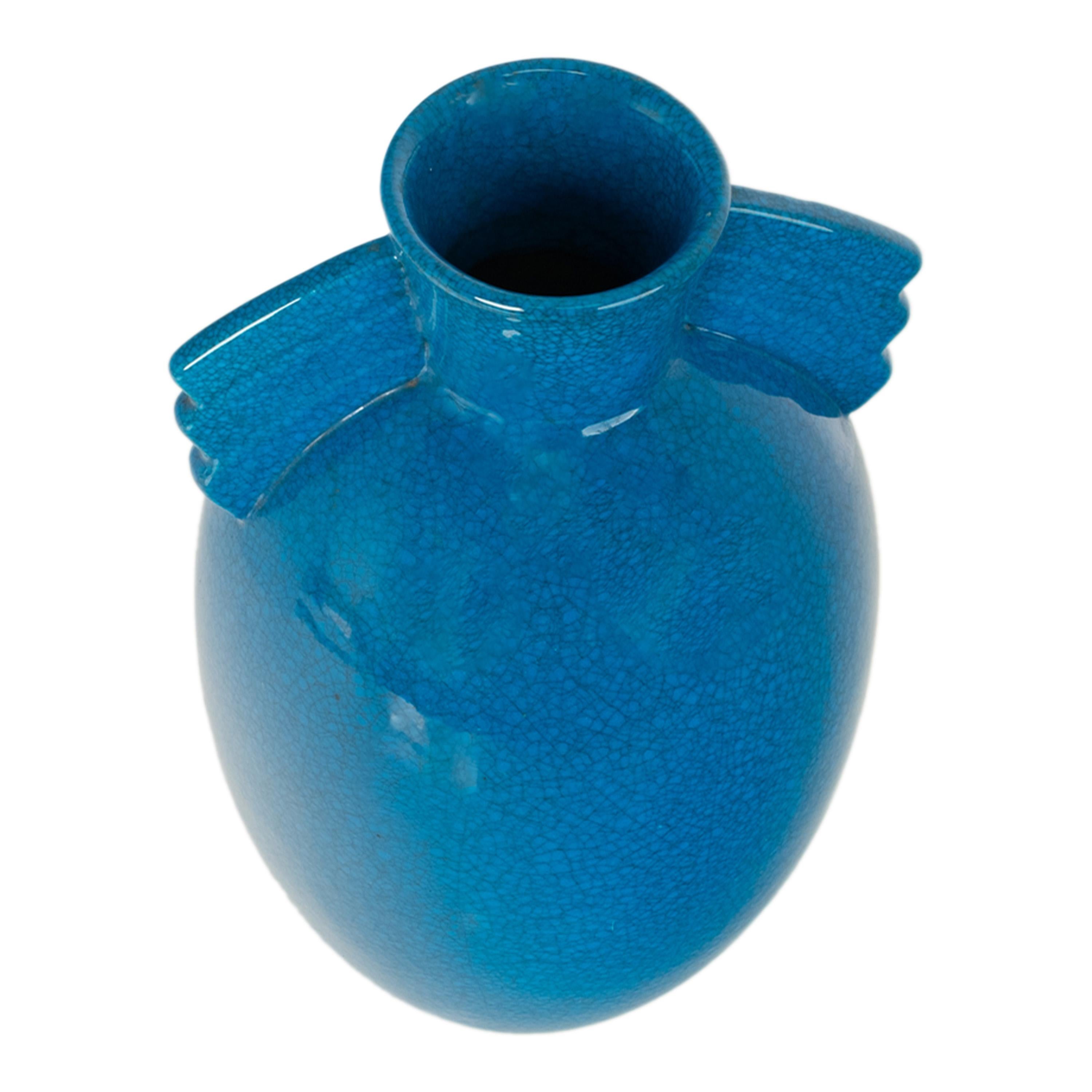 Antico vaso in ceramica belga Art Deco Geometrico smaltato blu di Royal Crown 1925 1