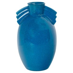 Antico vaso in ceramica belga Art Deco Geometrico smaltato blu di Royal Crown 1925