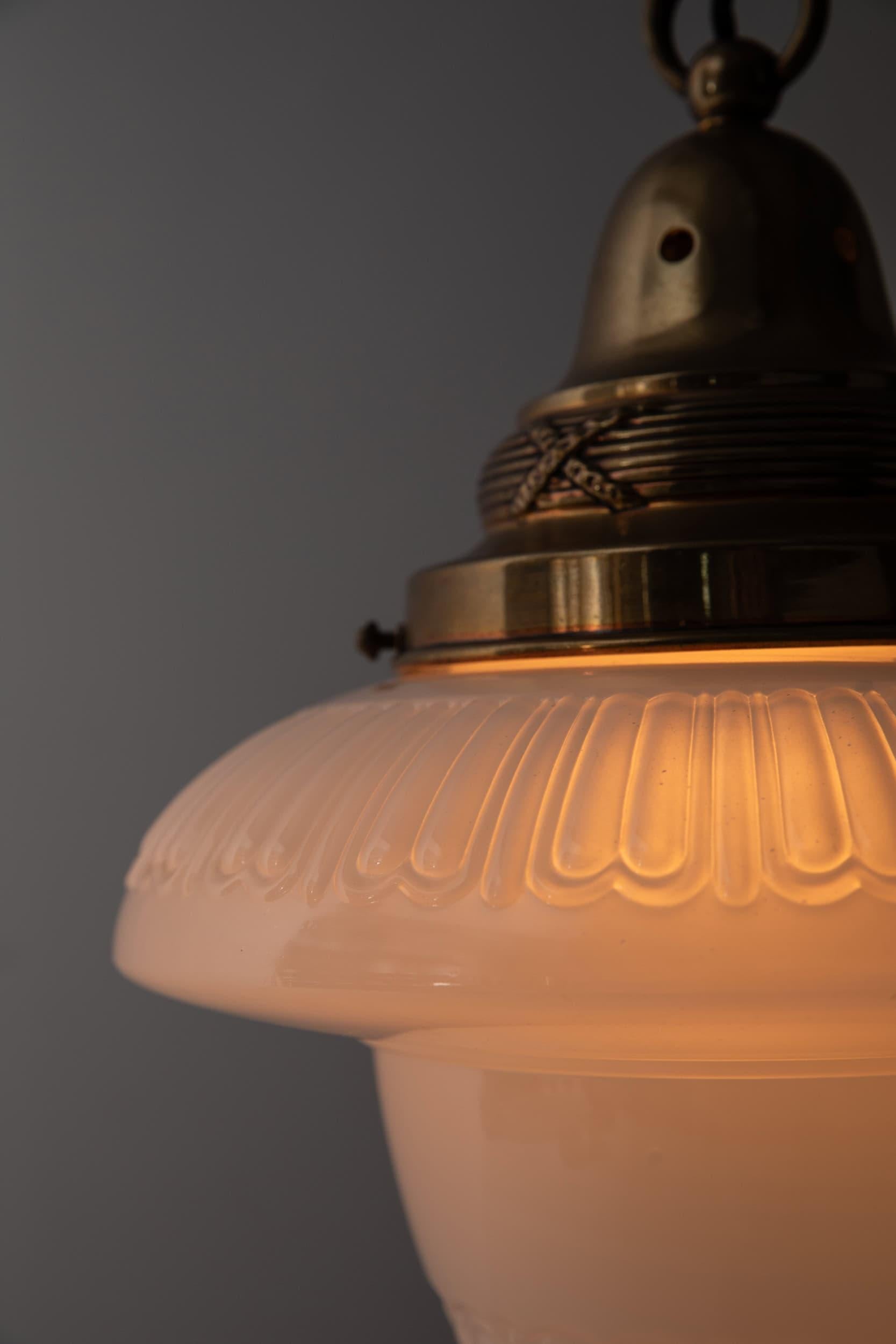 Copper Antique Art Deco Benjamin 'Bencolite' Opaline Glass Pendant Lamp, C.1930 For Sale