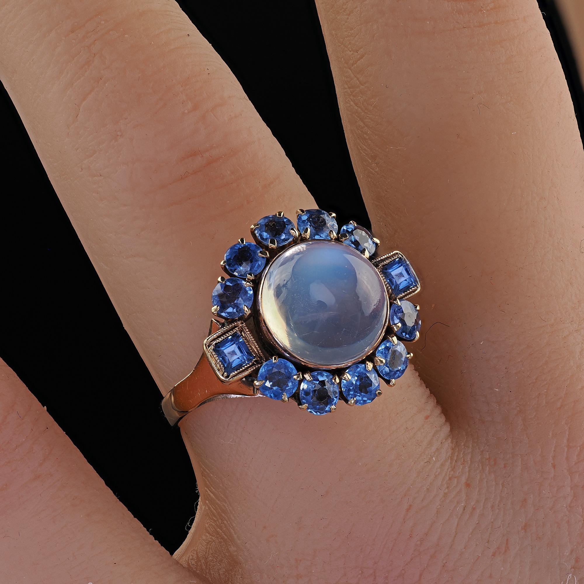 Antique Art Deco Binder Bros 14K Rose Gold Cabochon Moonstone Yogo Sapphire Ring 6