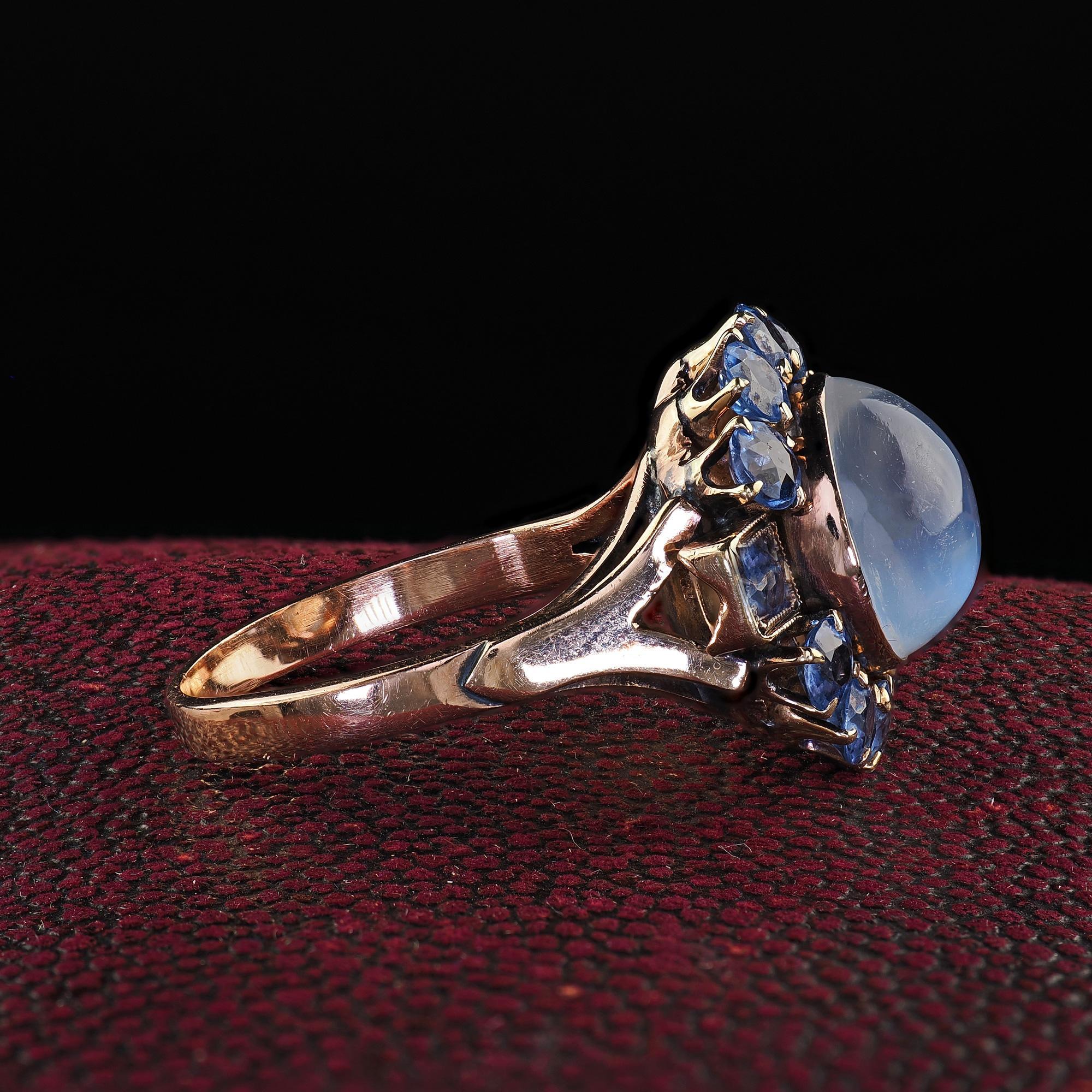 Women's Antique Art Deco Binder Bros 14K Rose Gold Cabochon Moonstone Yogo Sapphire Ring