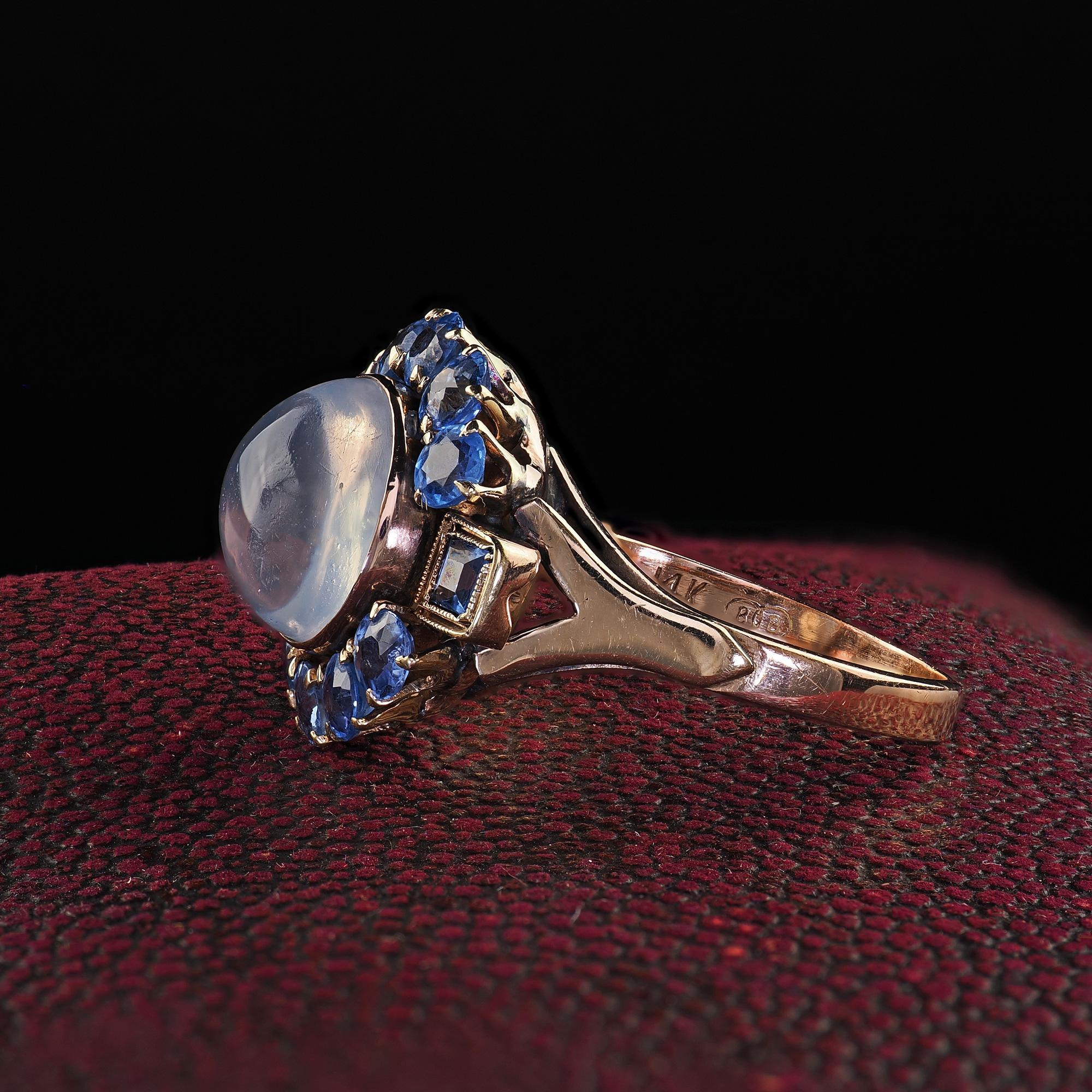 Antique Art Deco Binder Bros 14K Rose Gold Cabochon Moonstone Yogo Sapphire Ring 1