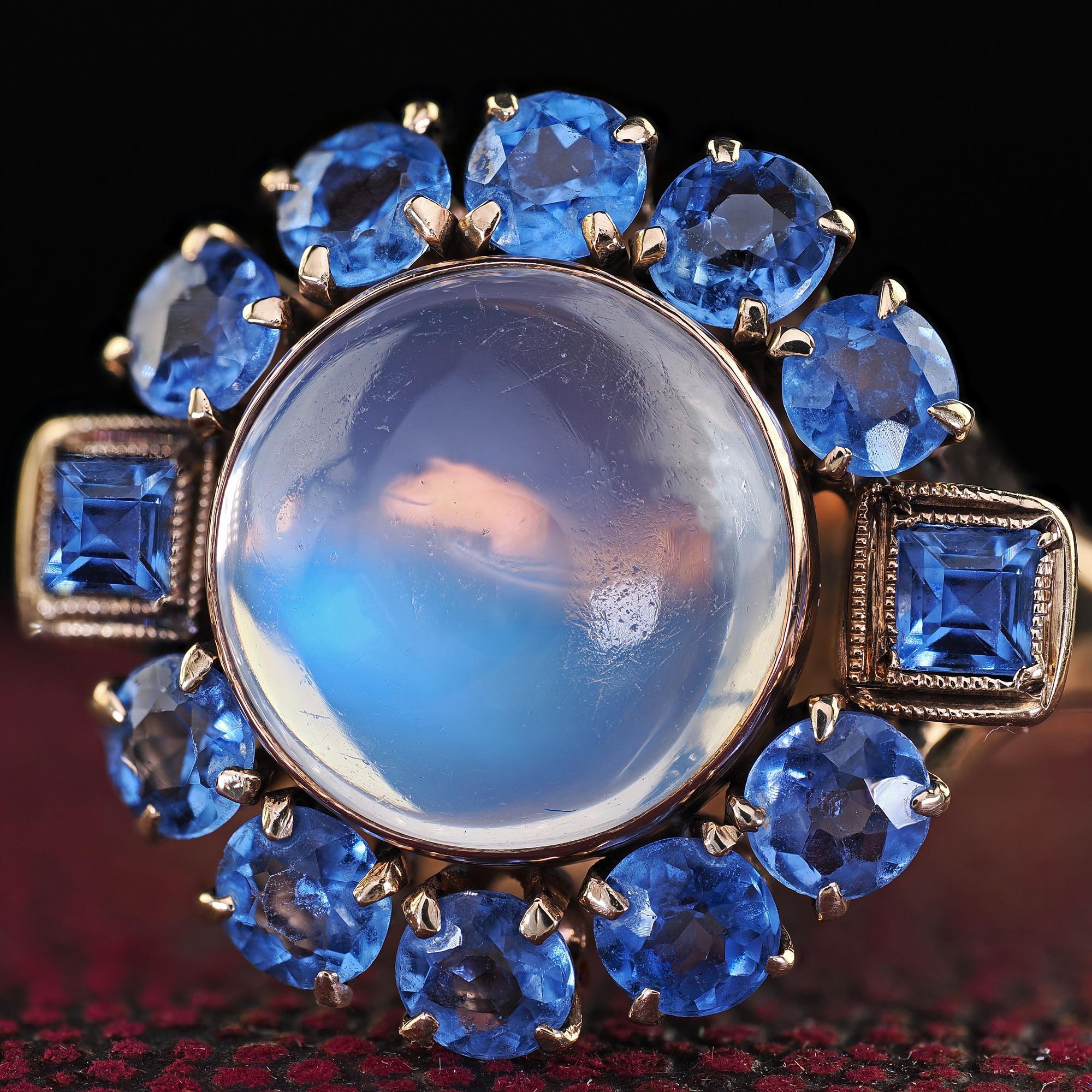 Antique Art Deco Binder Bros 14K Rose Gold Cabochon Moonstone Yogo Sapphire Ring 2