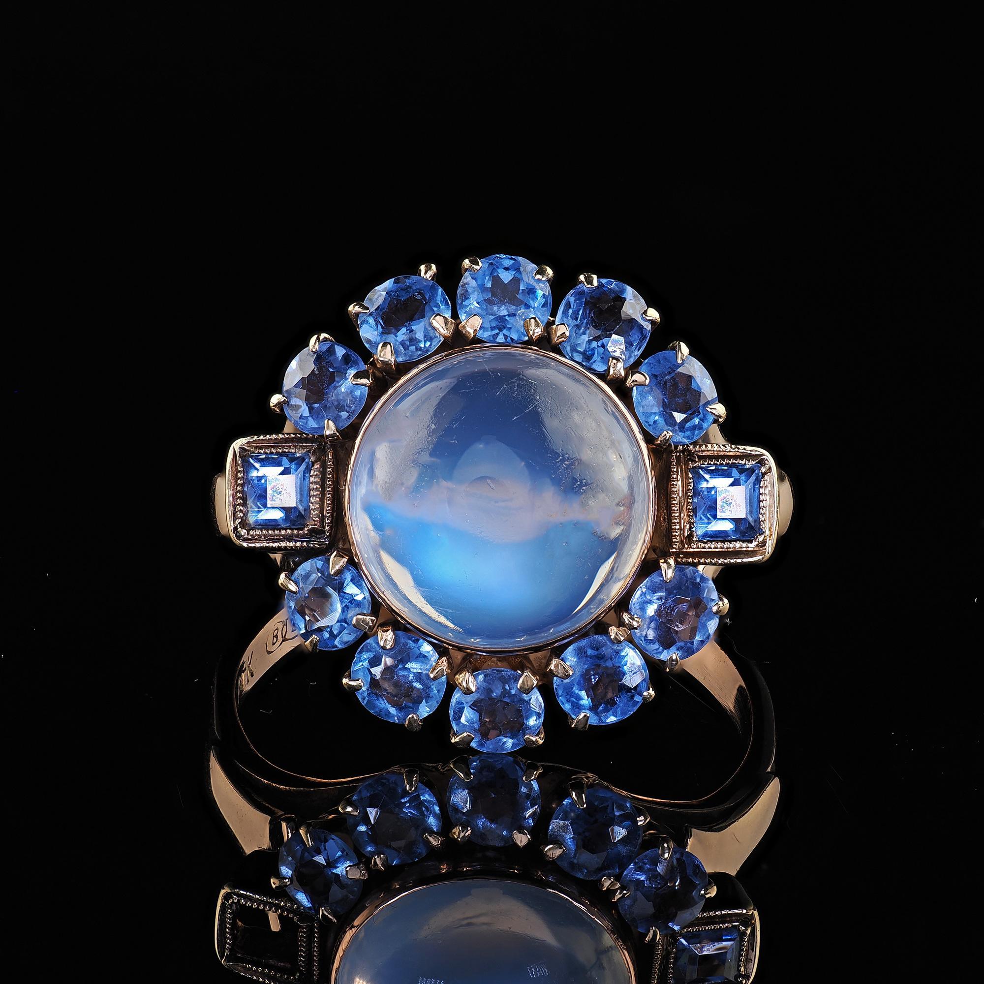 Antique Art Deco Binder Bros 14K Rose Gold Cabochon Moonstone Yogo Sapphire Ring 3