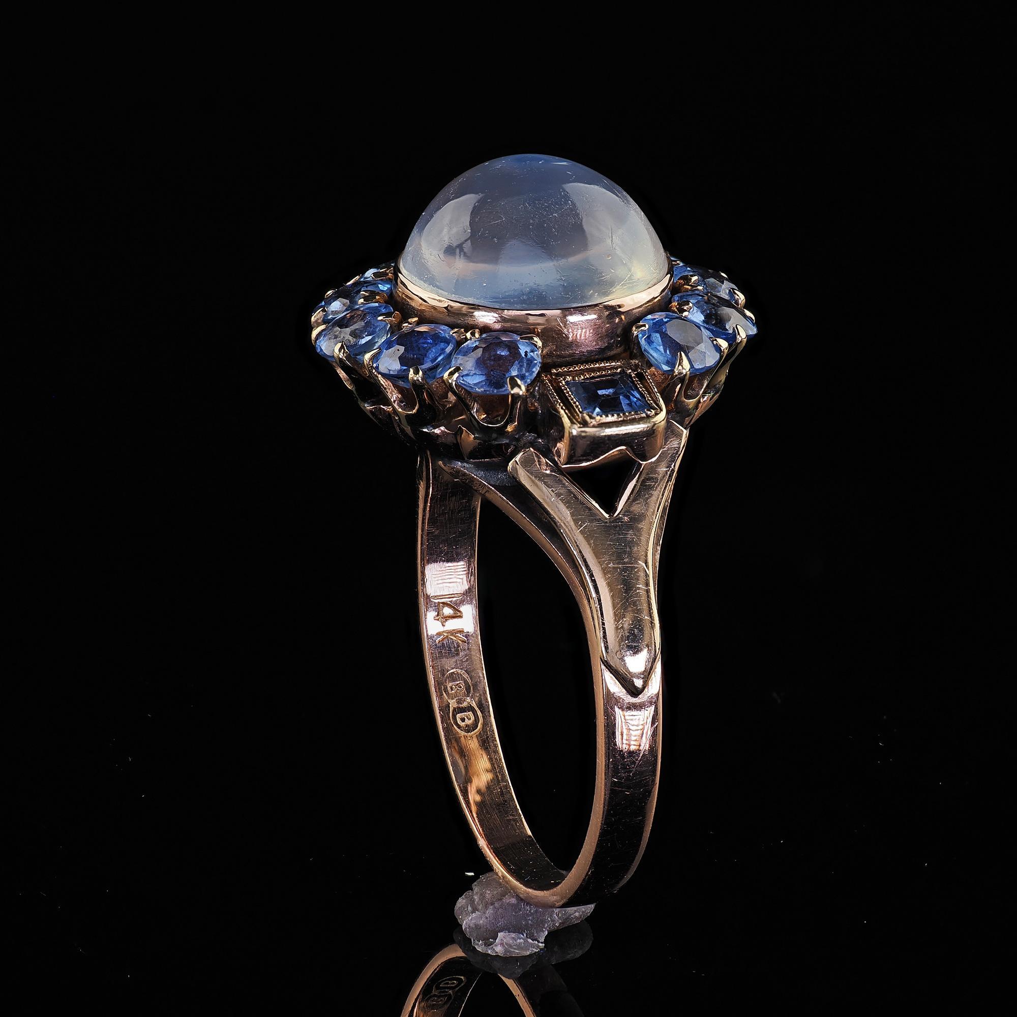 Antique Art Deco Binder Bros 14K Rose Gold Cabochon Moonstone Yogo Sapphire Ring 5