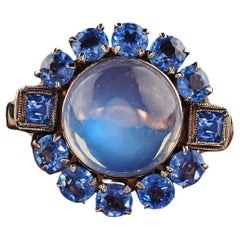 Antique Art Deco Binder Bros 14K Rose Gold Cabochon Moonstone Yogo Sapphire Ring