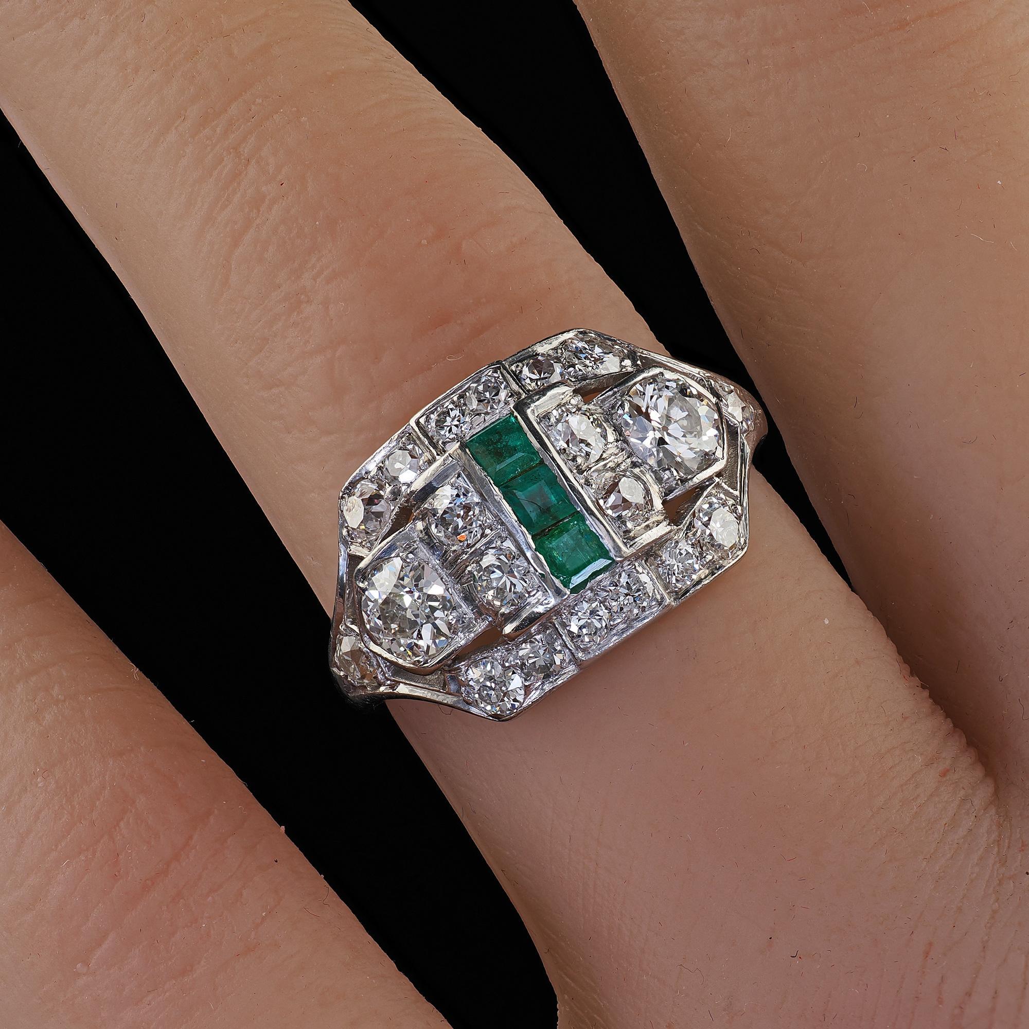 Antique Art Deco Birks Platinum Old European Cut Diamond and Emerald Ring For Sale 6