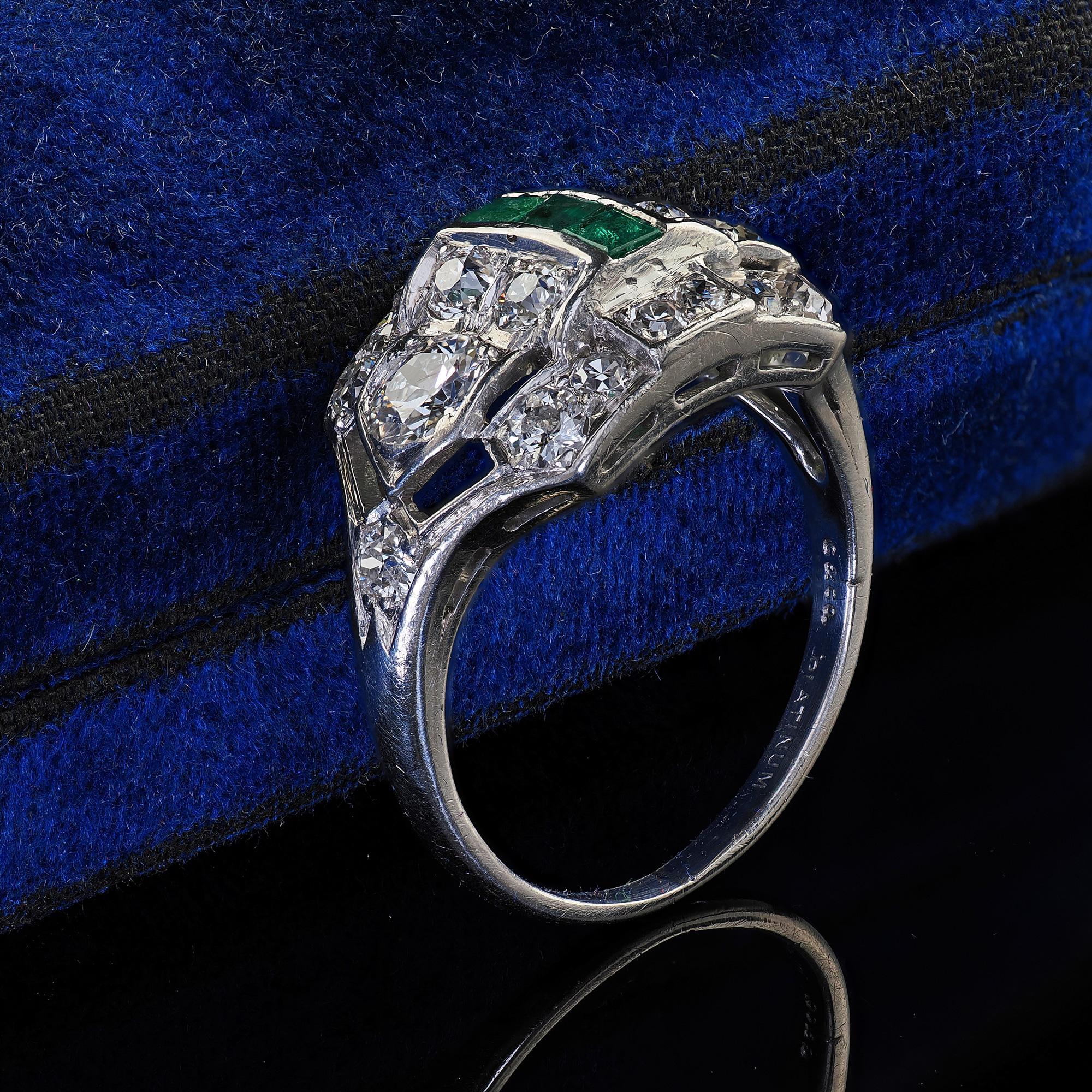 Antique Art Deco Birks Platinum Old European Cut Diamond and Emerald Ring In Good Condition For Sale In Great Neck, NY