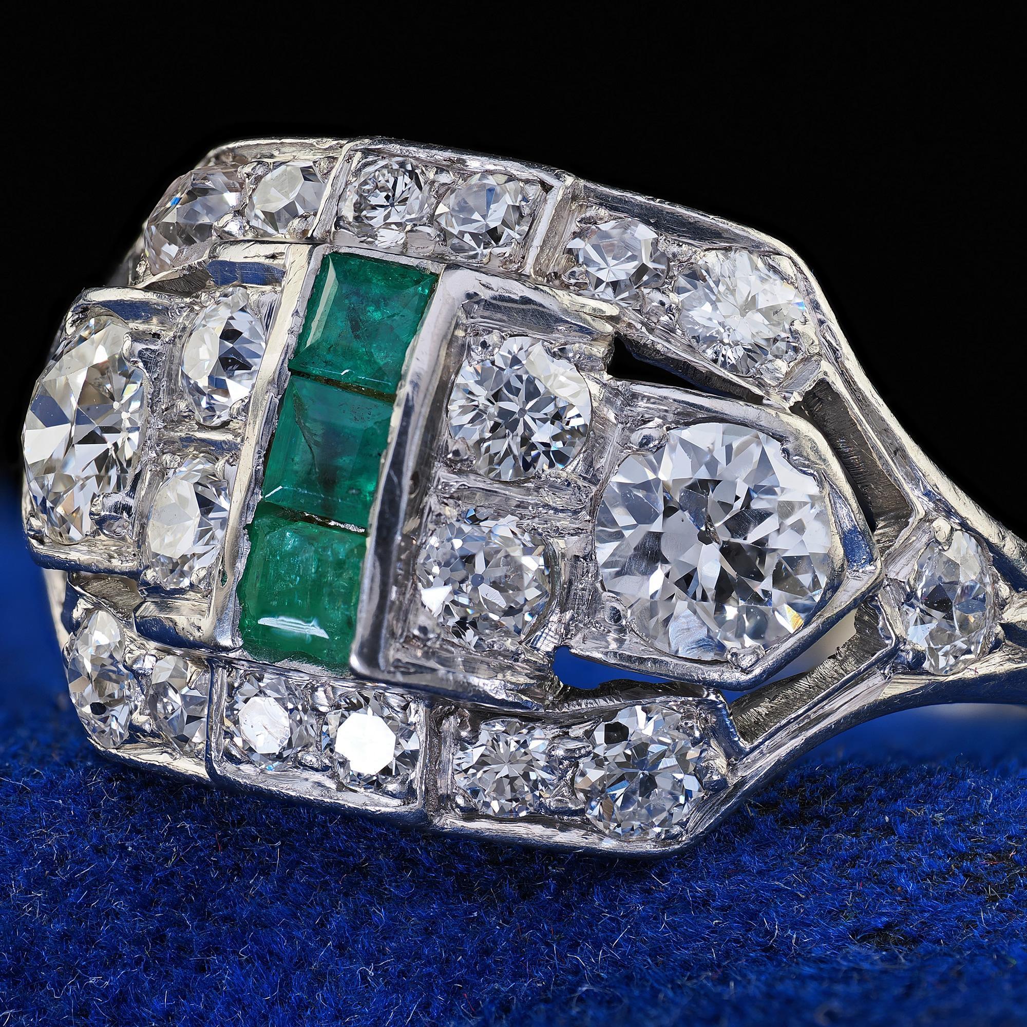 Women's Antique Art Deco Birks Platinum Old European Cut Diamond and Emerald Ring For Sale