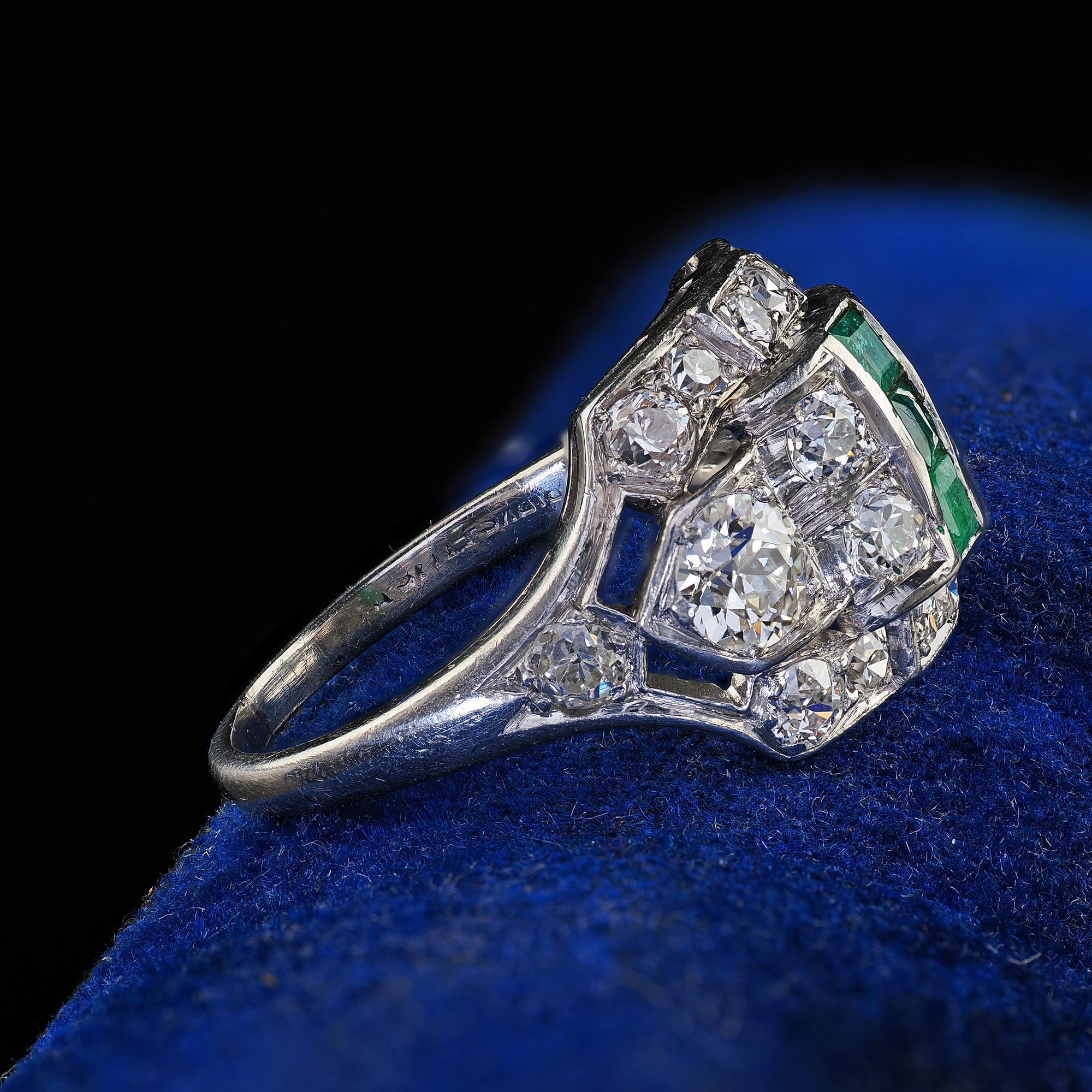Antique Art Deco Birks Platinum Old European Cut Diamond and Emerald Ring For Sale 1