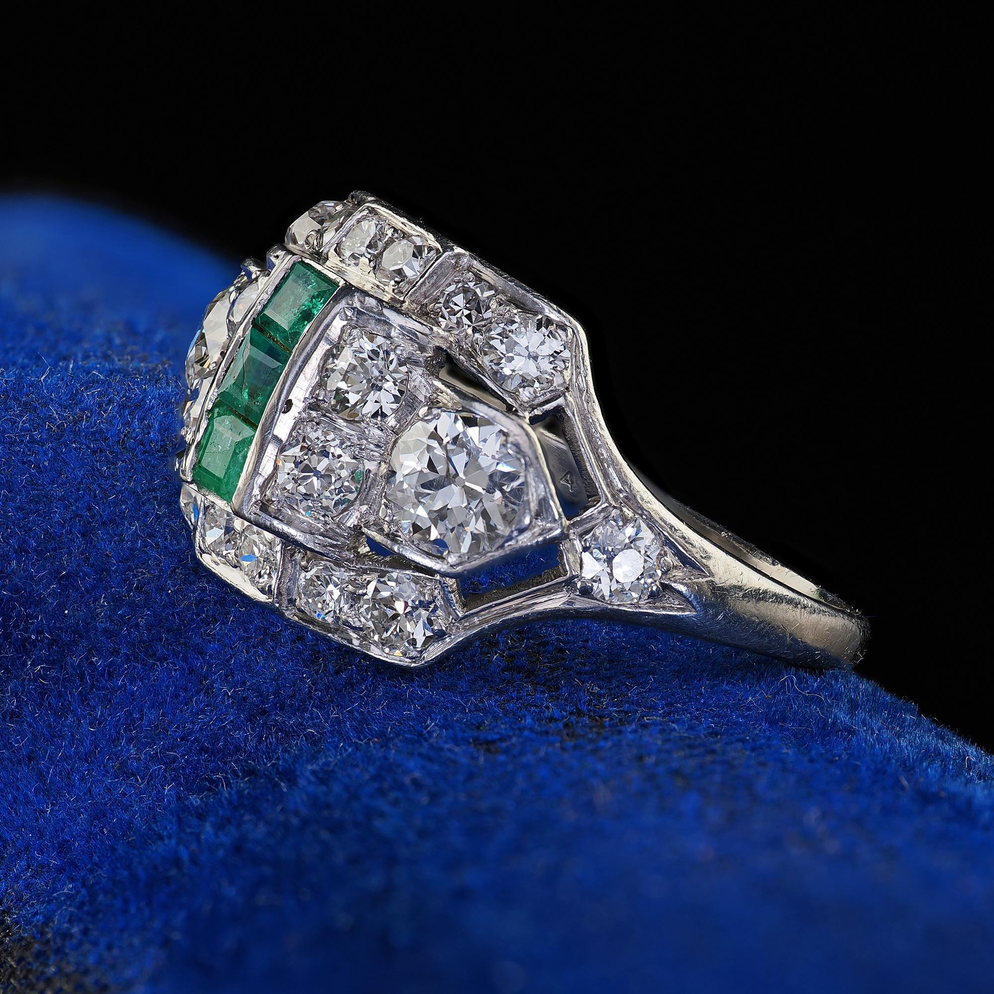 Antique Art Deco Birks Platinum Old European Cut Diamond and Emerald Ring For Sale 2