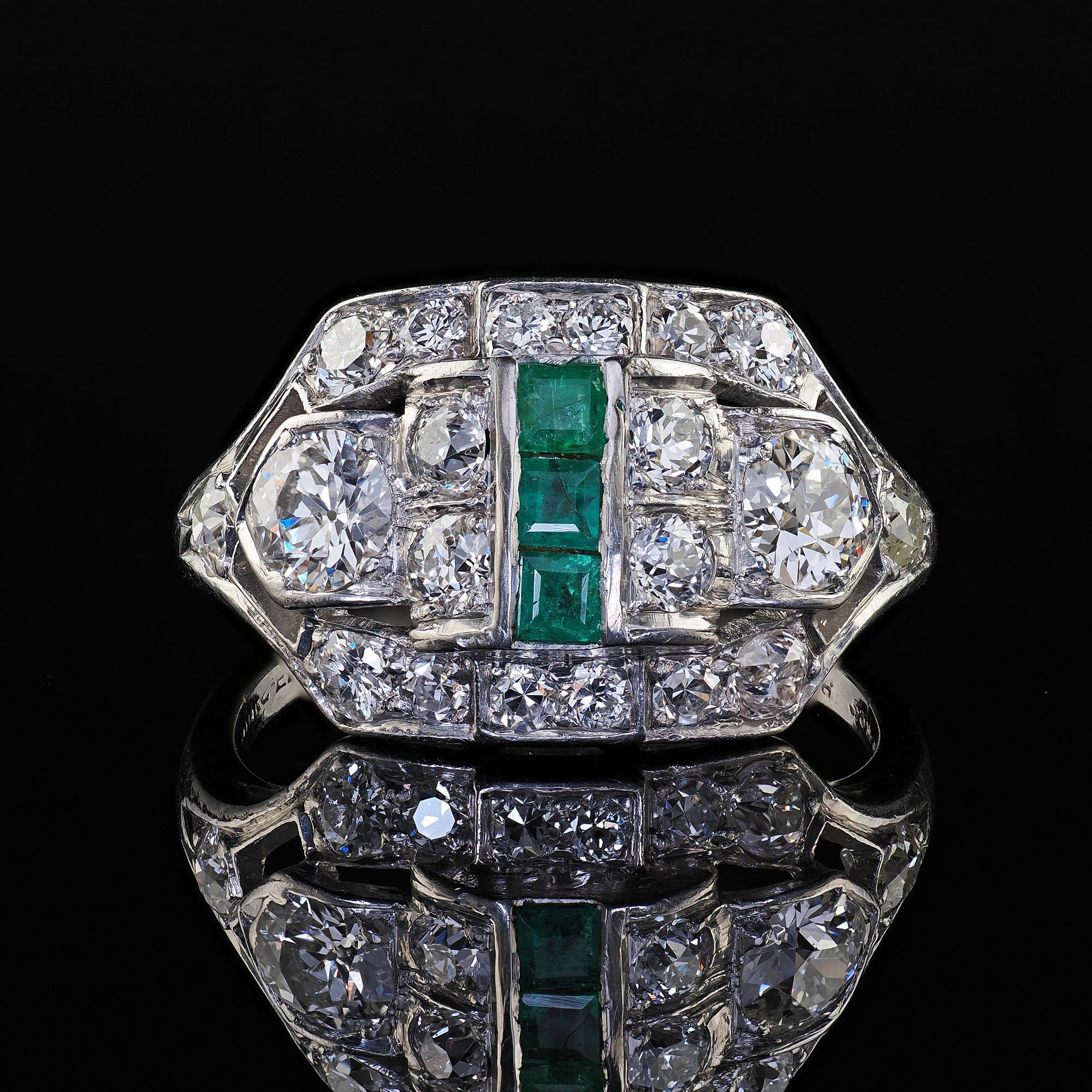 Antique Art Deco Birks Platinum Old European Cut Diamond and Emerald Ring For Sale 3