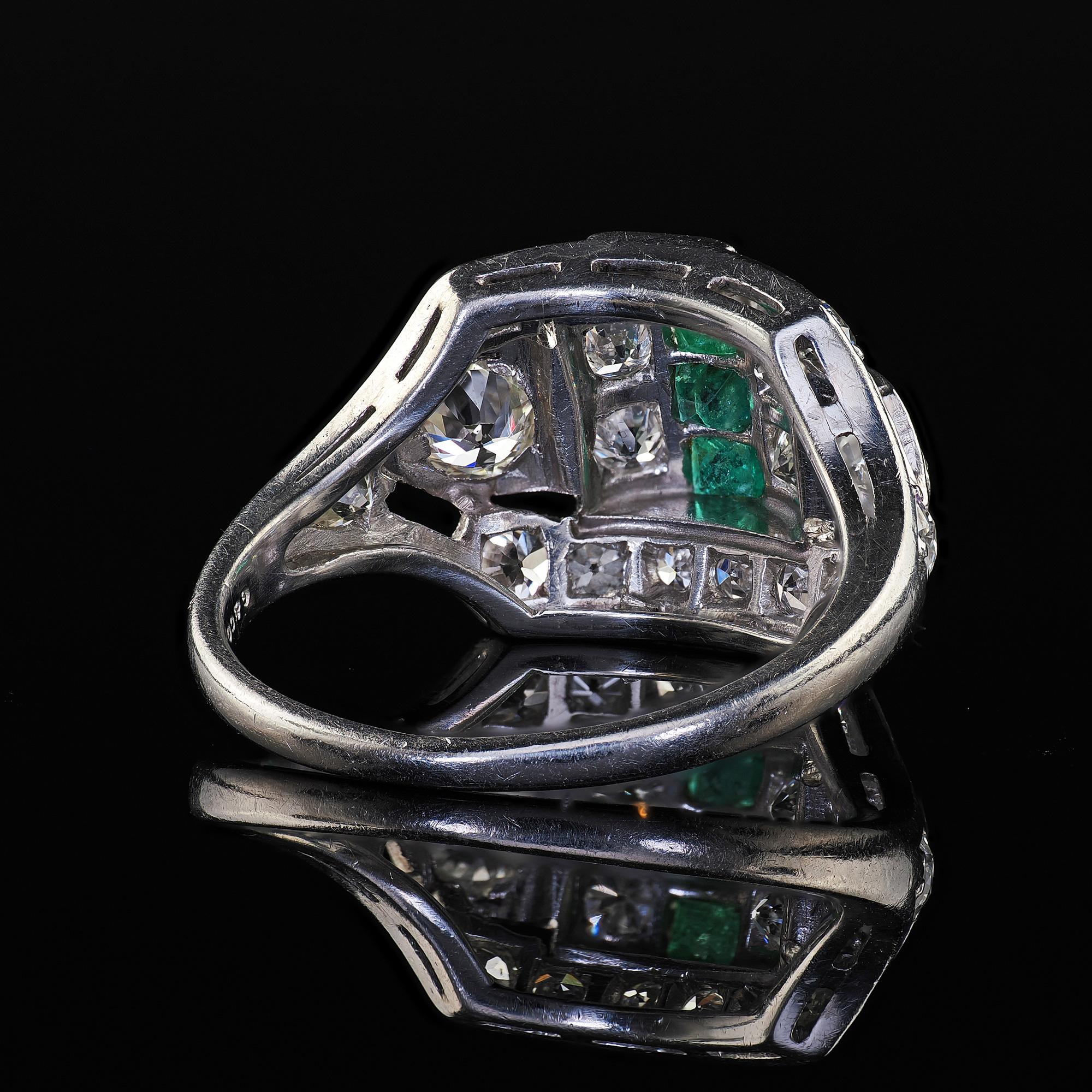 Antique Art Deco Birks Platinum Old European Cut Diamond and Emerald Ring For Sale 4