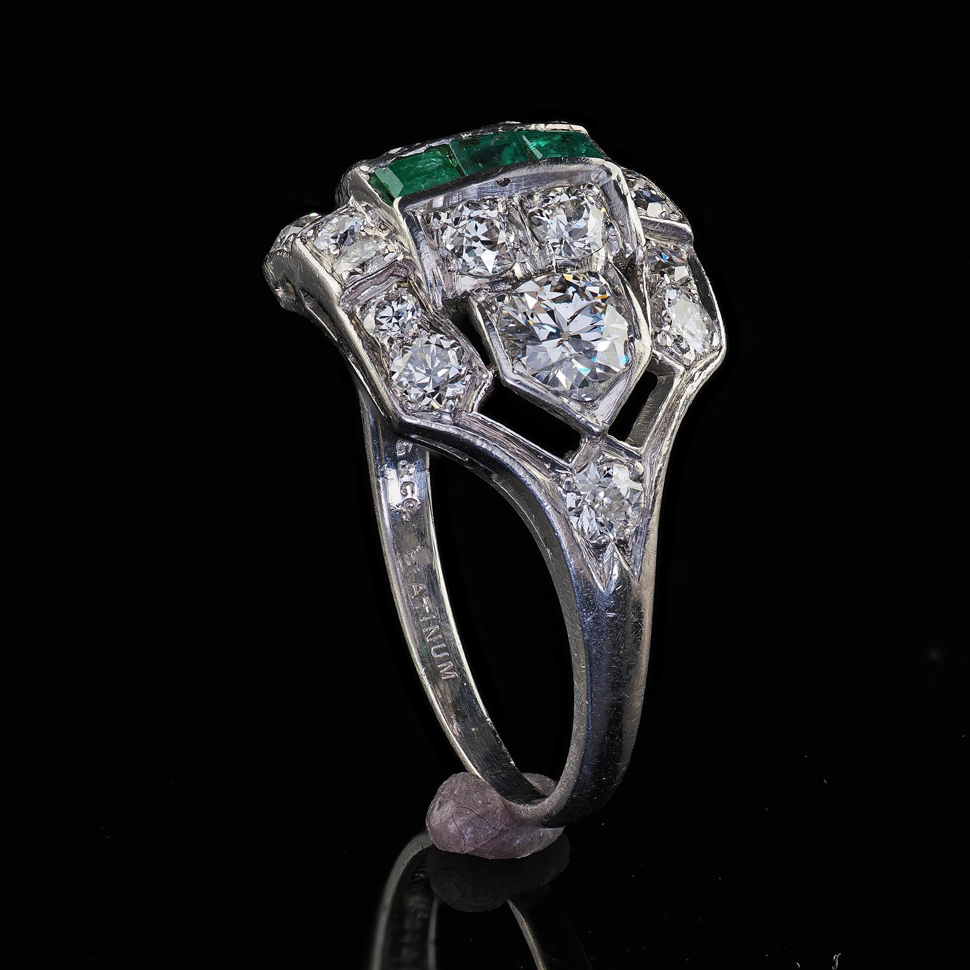 Antique Art Deco Birks Platinum Old European Cut Diamond and Emerald Ring For Sale 5