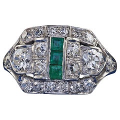 Antique Art Deco Birks Platinum Old European Cut Diamond and Emerald Ring