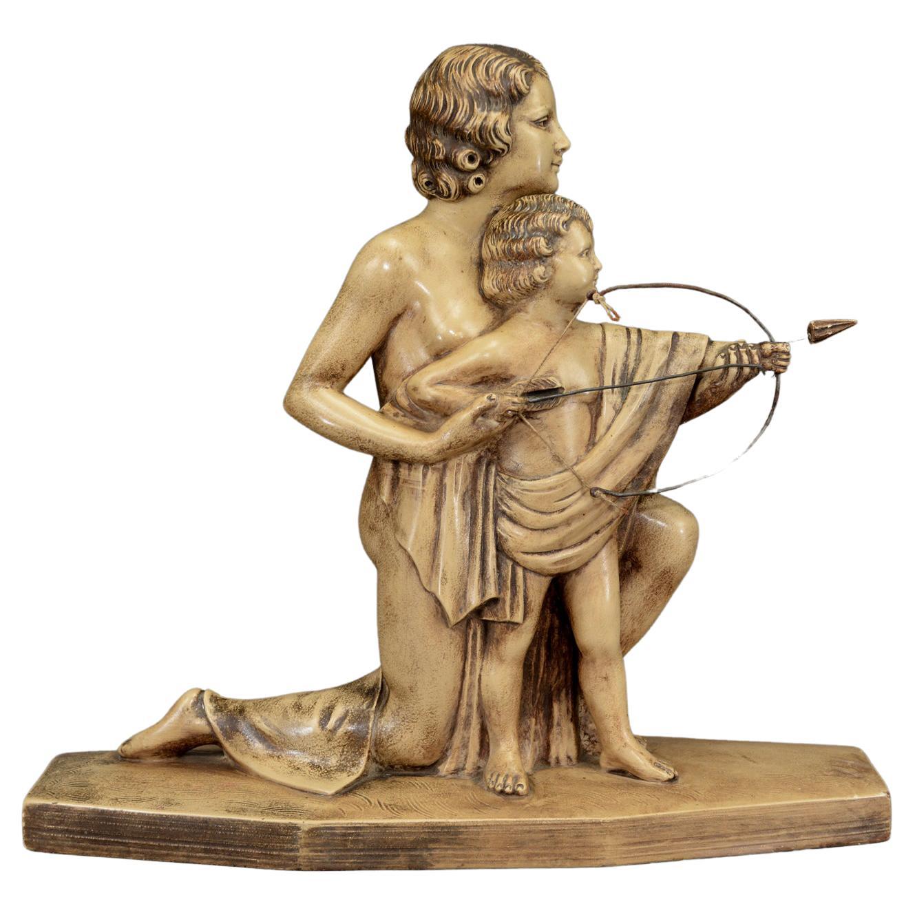 Antique Art Deco Bisque Sculpture of Mother and Child with Bow and Arrow For Sale