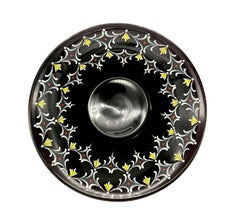 Antique Art Deco Black Glass Bowl With White Yellow Red Enamel Painting
