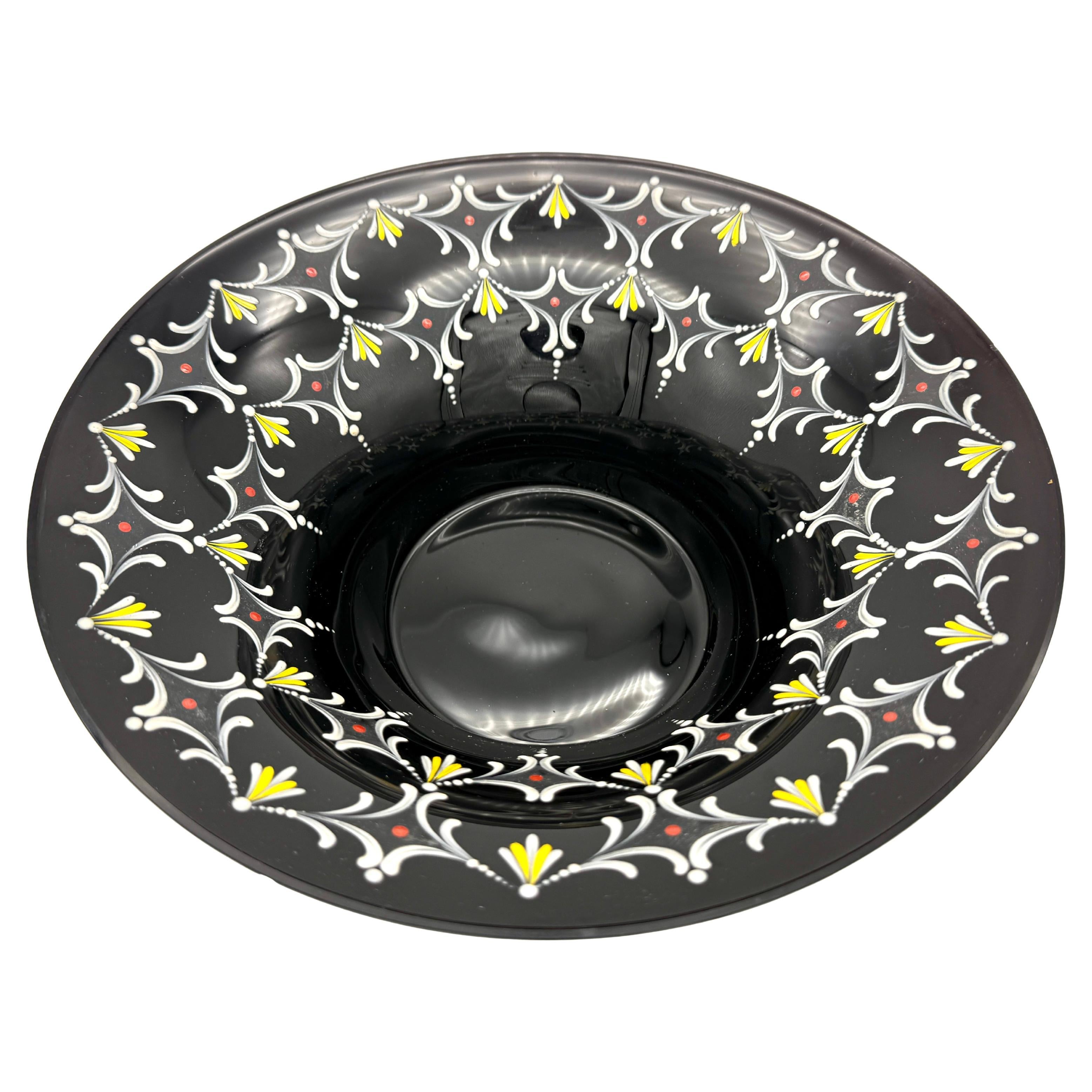 Antique Art Deco Black Glass Bowl With White Yellow Red Enamel Painting