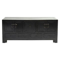 Antique Art Deco Black Lacquer Chinese Kang Cabinet:: Double Doors and Drawers
