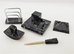 Antique Art Deco Black Marble Five Piece Desk Set with Chrome & Brass Accents